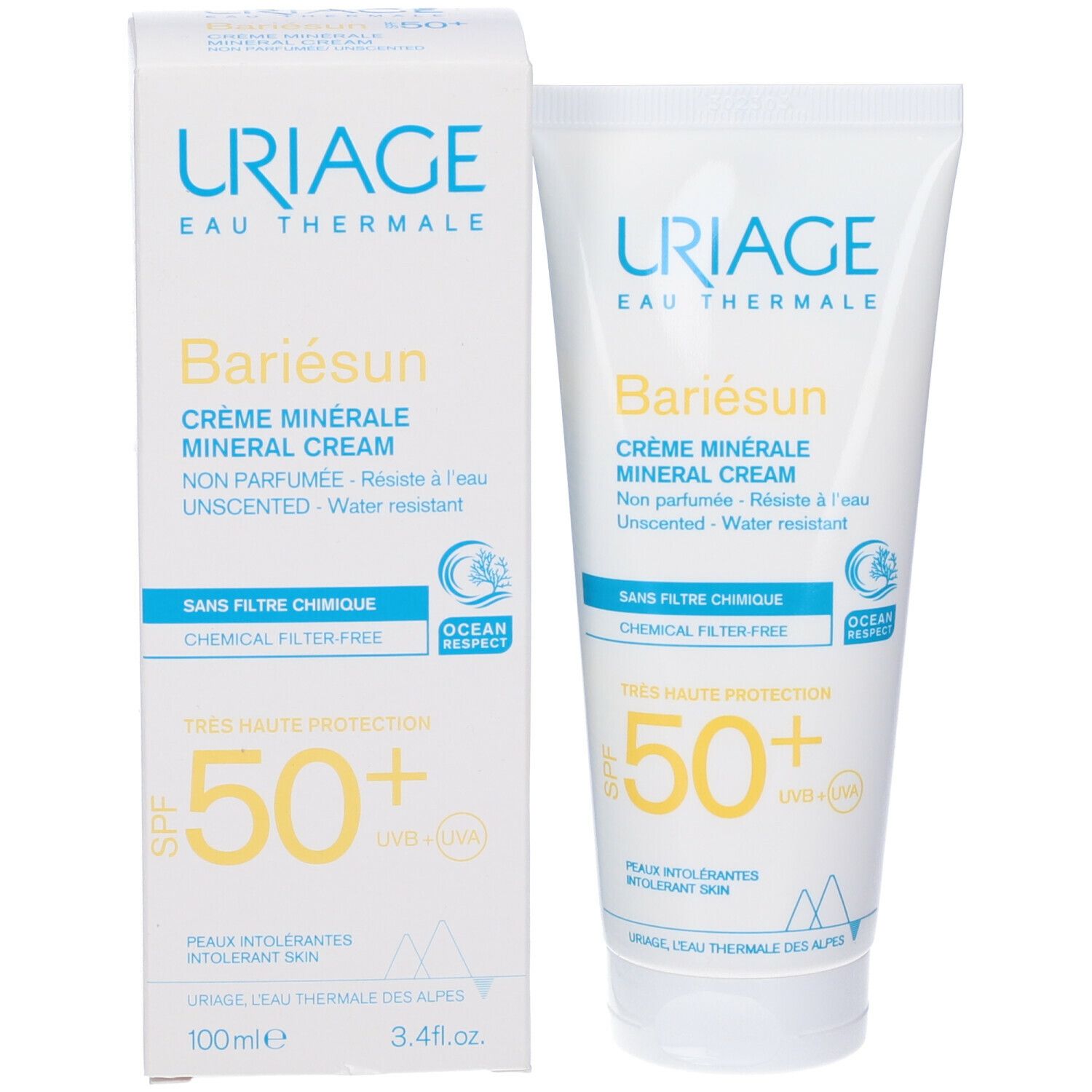 Uriage Bariésun Crème Minérale SPF50 e confezione. Tubo e scatola bianchi, testo blu e giallo.