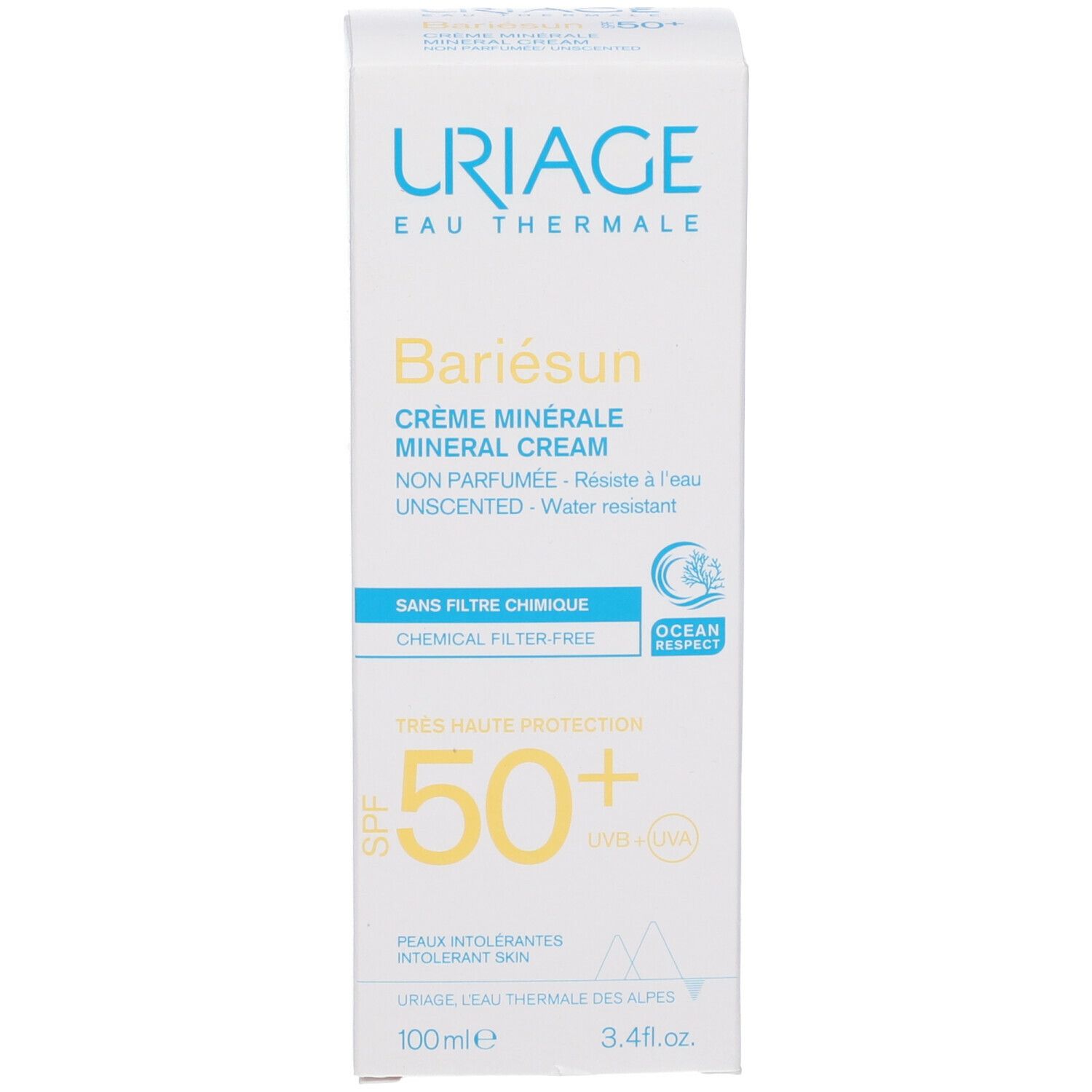Confezione Uriage Bariésun Crème Minérale SPF50. Scatola bianca, testo blu e giallo.