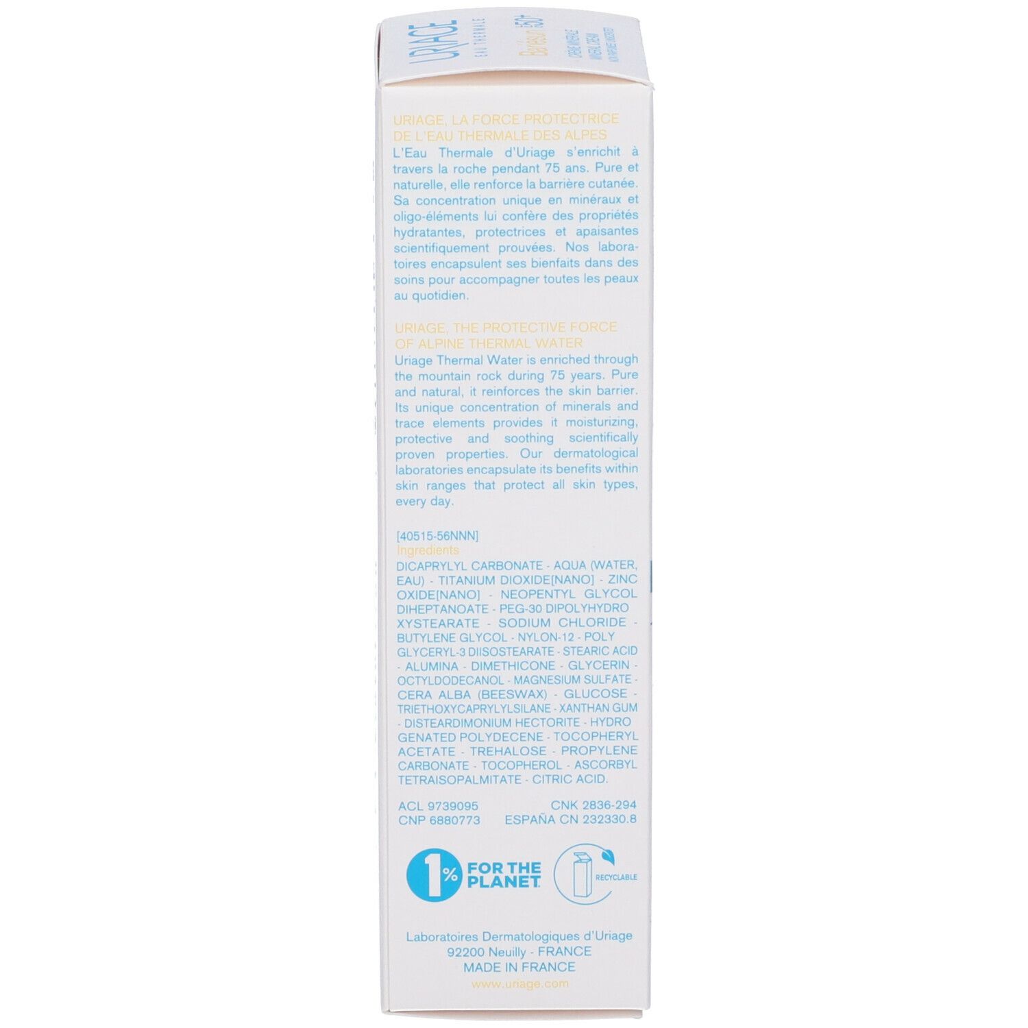 Retro della confezione Uriage Bariésun Crème Minérale SPF50. Testo multilingue.