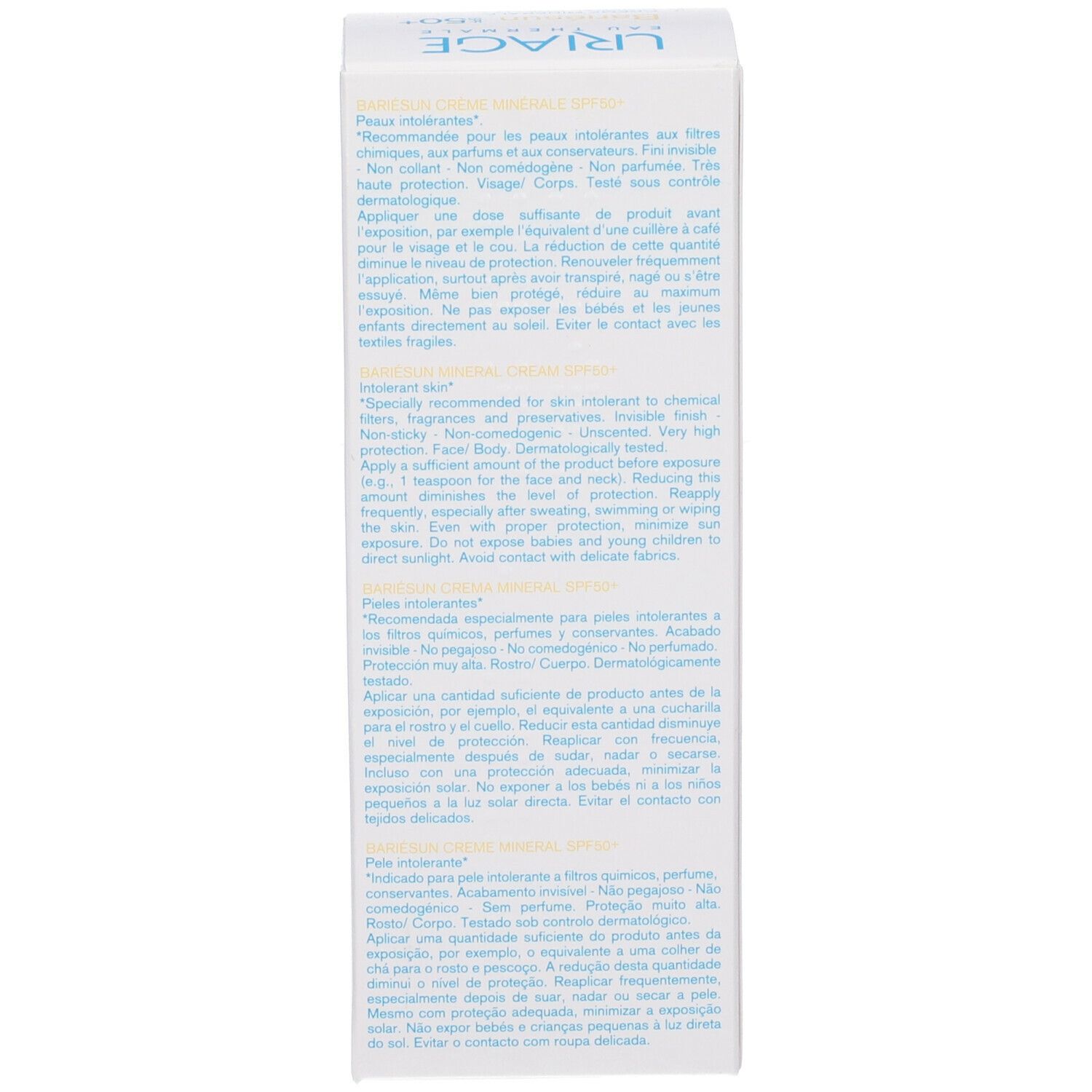 Retro della confezione Uriage Bariésun Crème Minérale SPF50. Testo multilingue.
