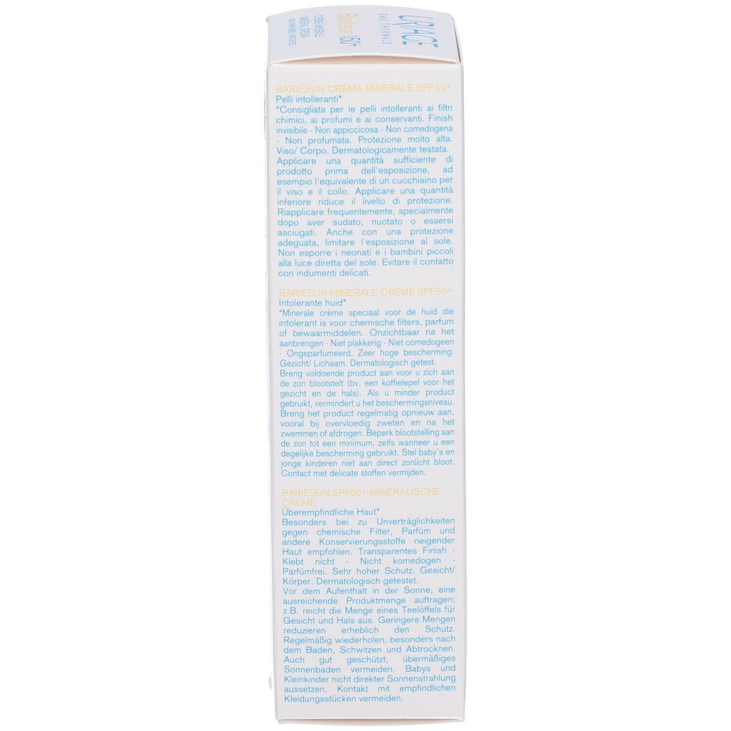 Retro della confezione Uriage Bariésun Crème Minérale SPF50. Testo multilingue.