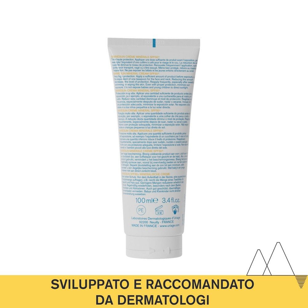 Retro del tubo Uriage Bariésun Crème Minérale SPF50. Testo multilingue. 100ml.