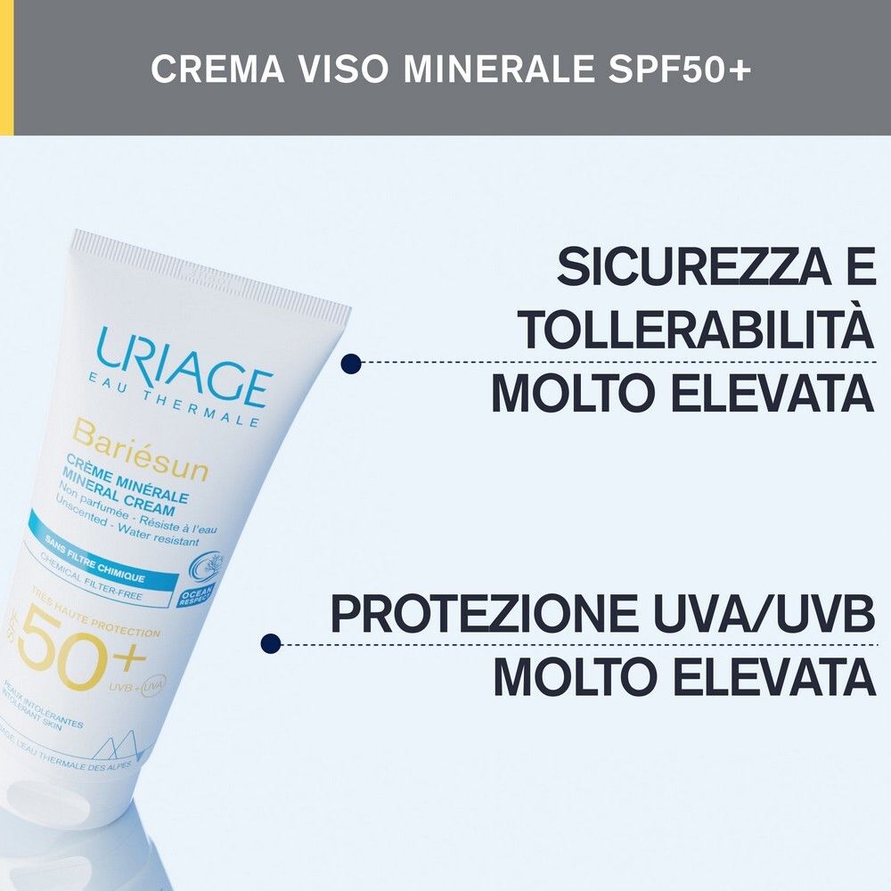 Uriage Bariésun Crème Minérale SPF50. Testo: Alta protezione, protezione UVA/UVB. Sicurezza e tollerabilità.