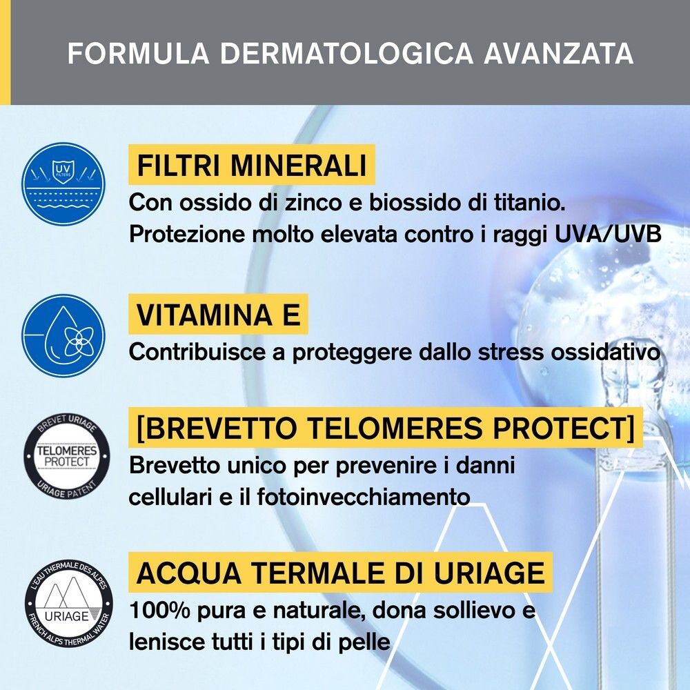 Uriage Bariésun Crème Minérale SPF50. Testo: Filtri minerali, vitamina E, Telomeres Protect, Acqua Termale Uriage.