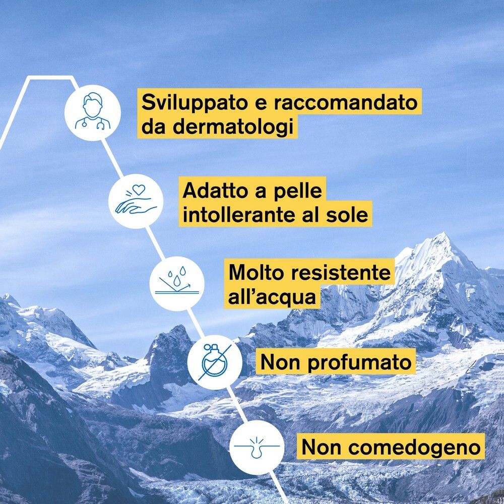 Grafica con icone e testo. Adatto alla pelle intollerante al sole, resistente all'acqua, non profumato, non comedogenico.