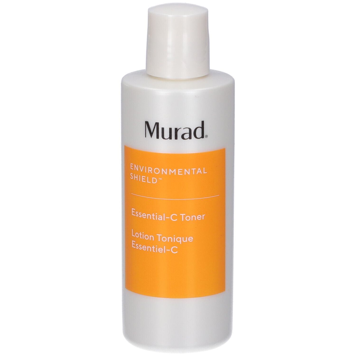 Weiße Flasche mit weißem Deckel. Orangefarbenes Etikett mit Text: Murad, Environmental Shield, Essential-C Toner.