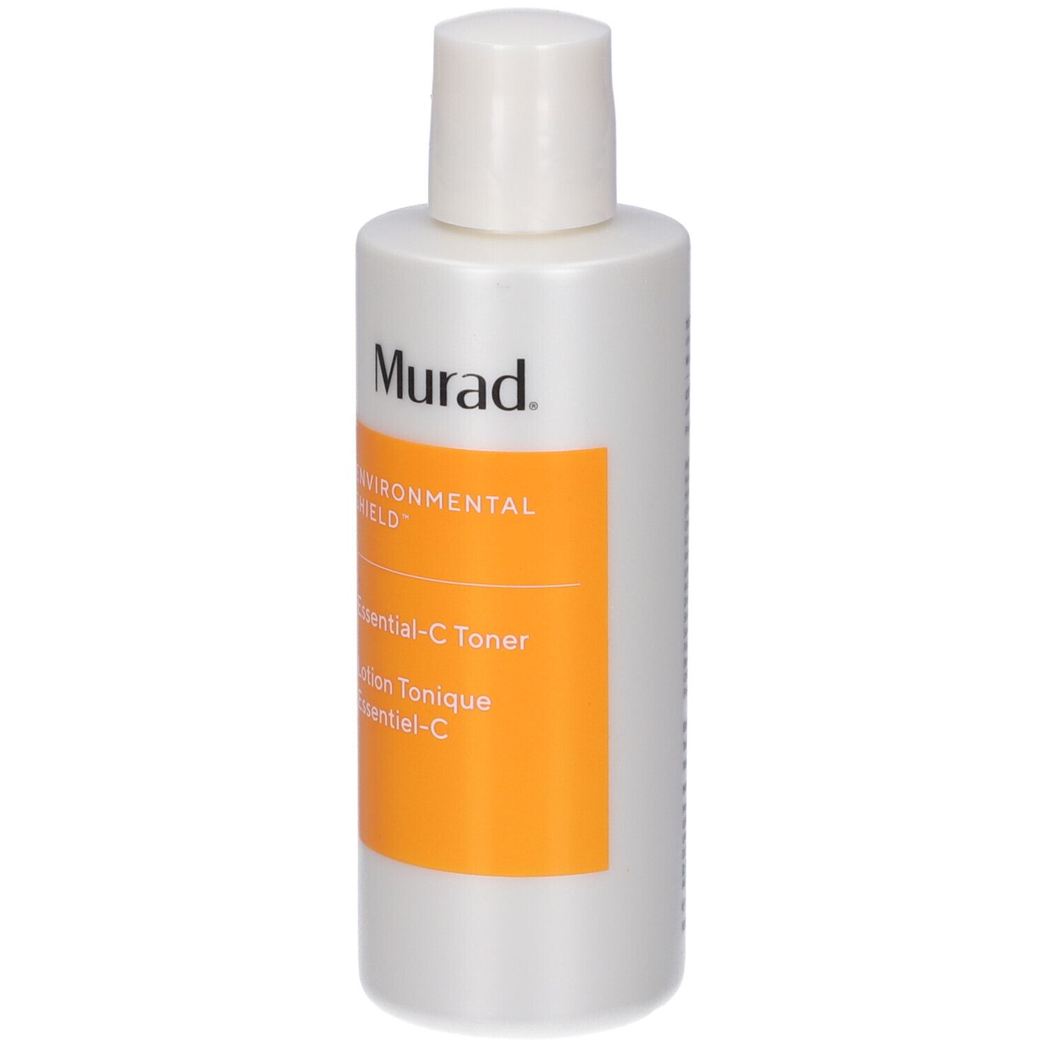 Weiße Flasche mit weißem Deckel. Orangefarbenes Etikett mit Text: Murad, Environmental Shield, Essential-C Toner.