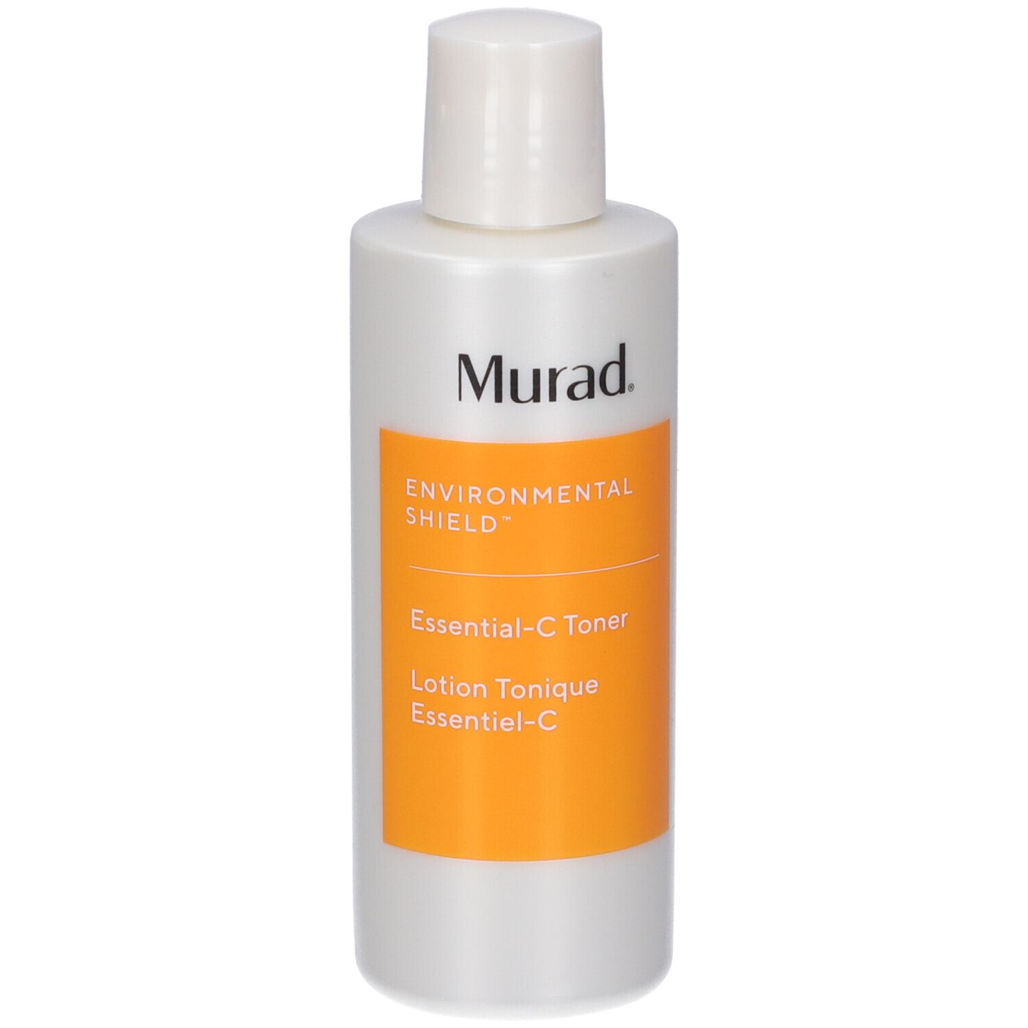 Weiße Flasche mit weißem Deckel. Orangefarbenes Etikett mit Text: Murad, Environmental Shield, Essential-C Toner.