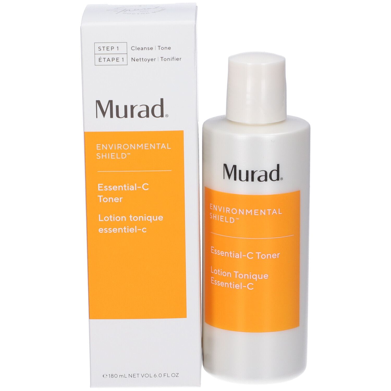 Weiße Flasche und Schachtel. Auf der Schachtel steht: Murad, Environmental Shield, Essential-C Toner. 180 ml.