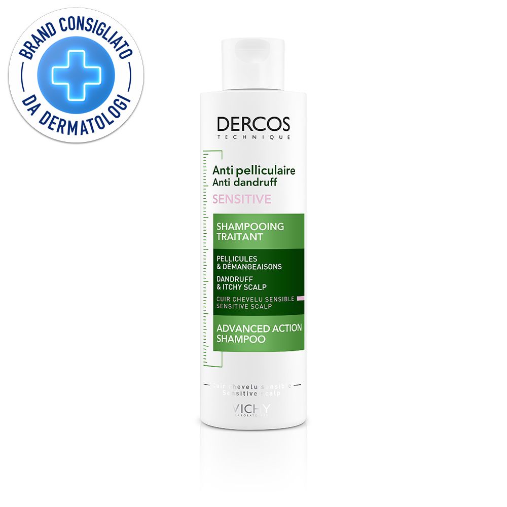 Flacone di shampoo Vichy Dercos Anti-forfora Sensitive. Etichetta verde e bianca. Scritta: Anti-forfora, Sensitive.