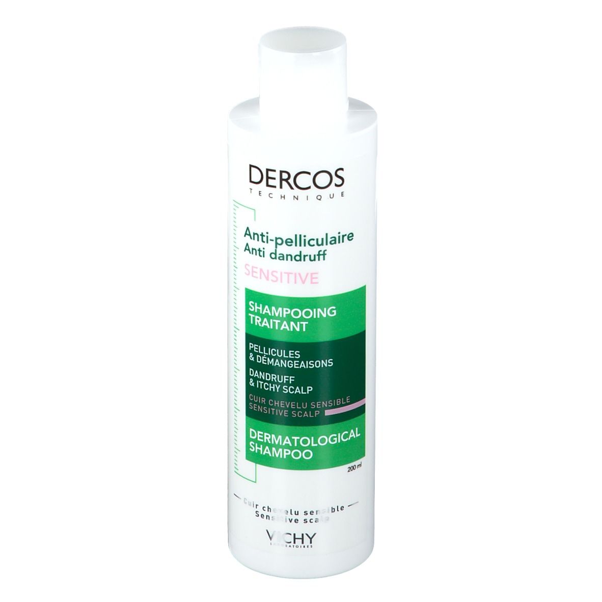 Flacone di shampoo Vichy Dercos Anti-forfora Sensitive. Etichetta verde e bianca. Scritta: Anti-forfora, Sensitive.