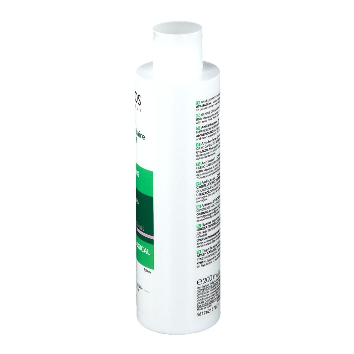 Flacone di shampoo Vichy Dercos Anti-forfora Sensitive. Etichetta verde e bianca. Scritta: Anti-forfora, Sensitive.