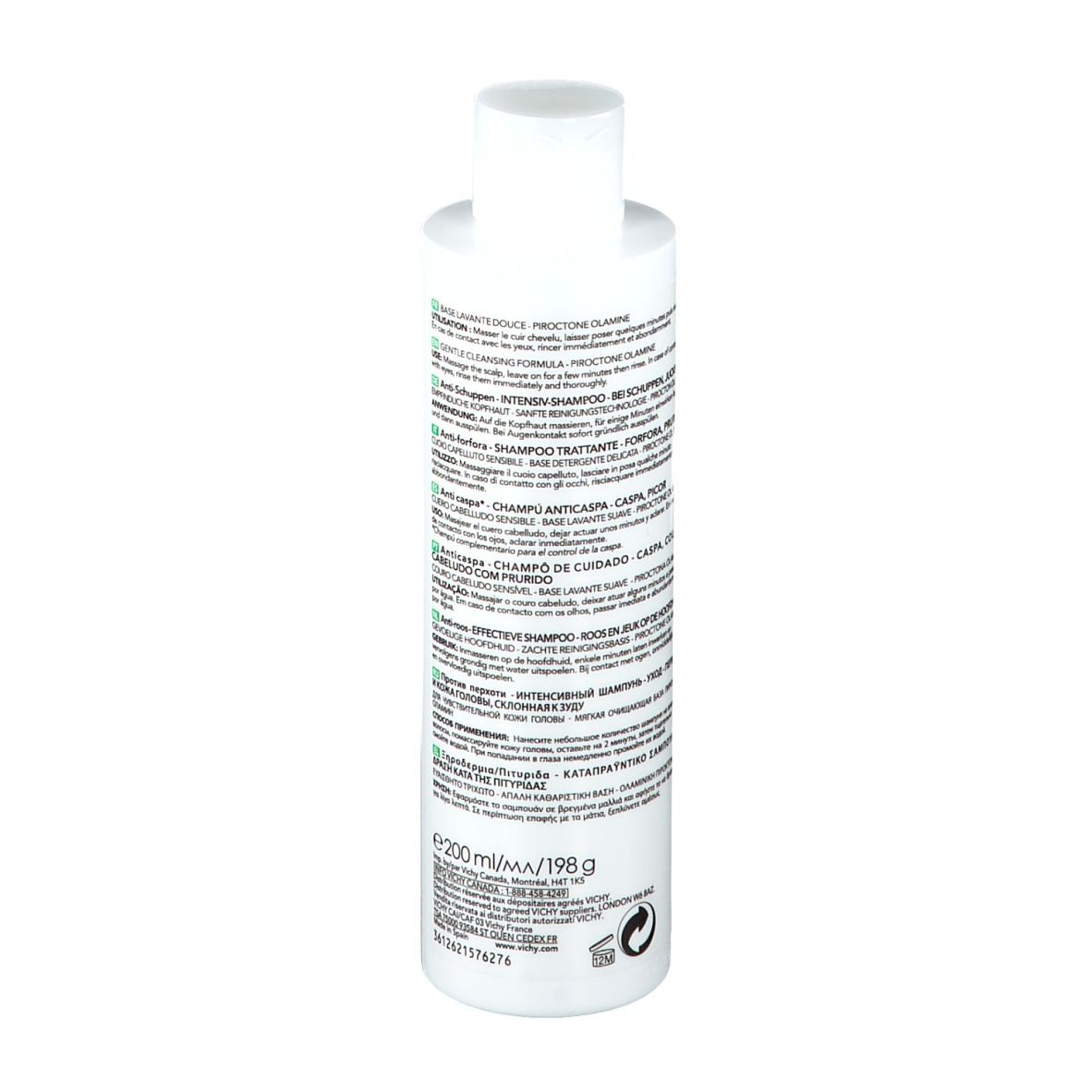 Flacone di shampoo Vichy Dercos Anti-forfora Sensitive. Etichetta verde e bianca. Scritta: Anti-forfora, Sensitive.