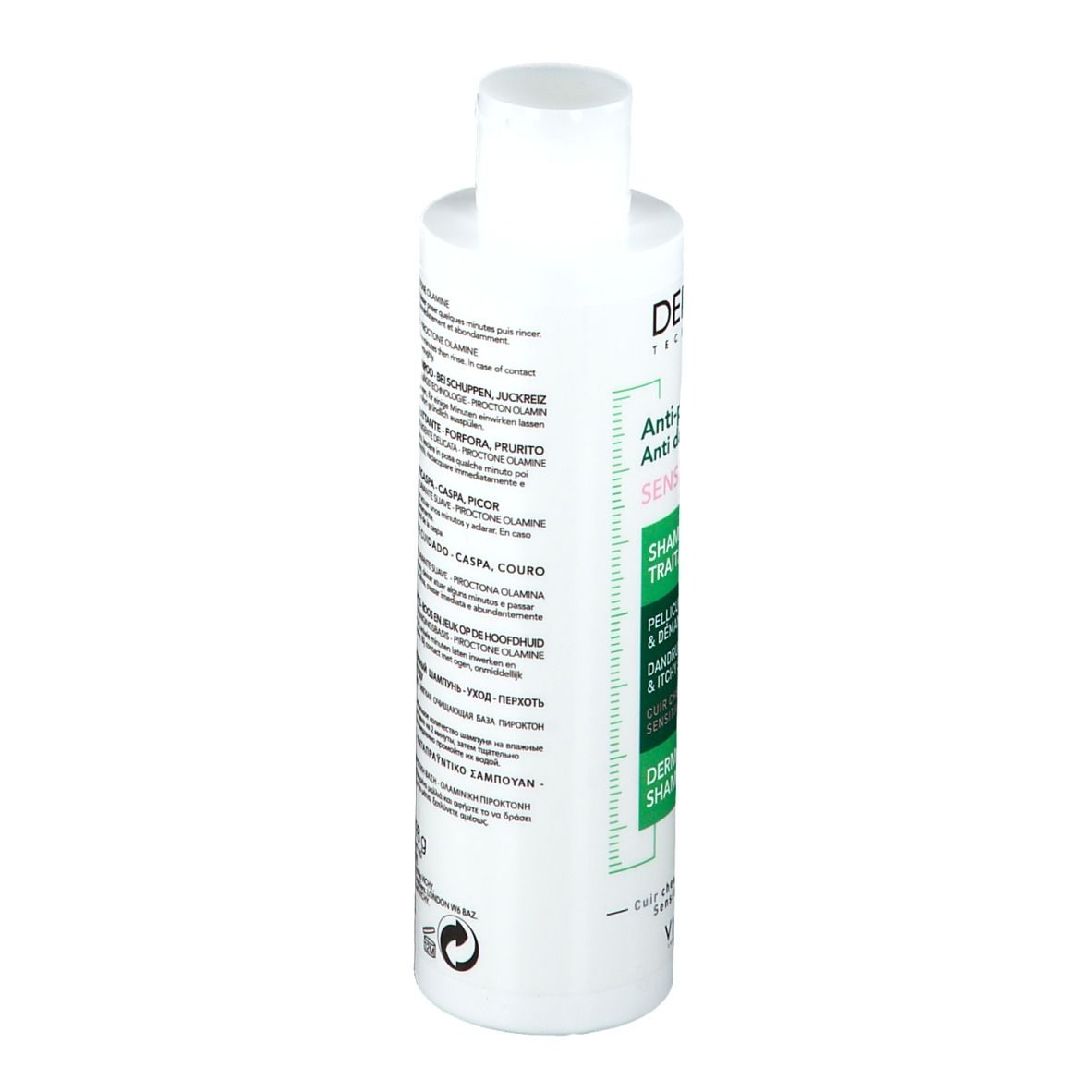 Flacone di shampoo Vichy Dercos Anti-forfora Sensitive. Etichetta verde e bianca. Scritta: Anti-forfora, Sensitive.