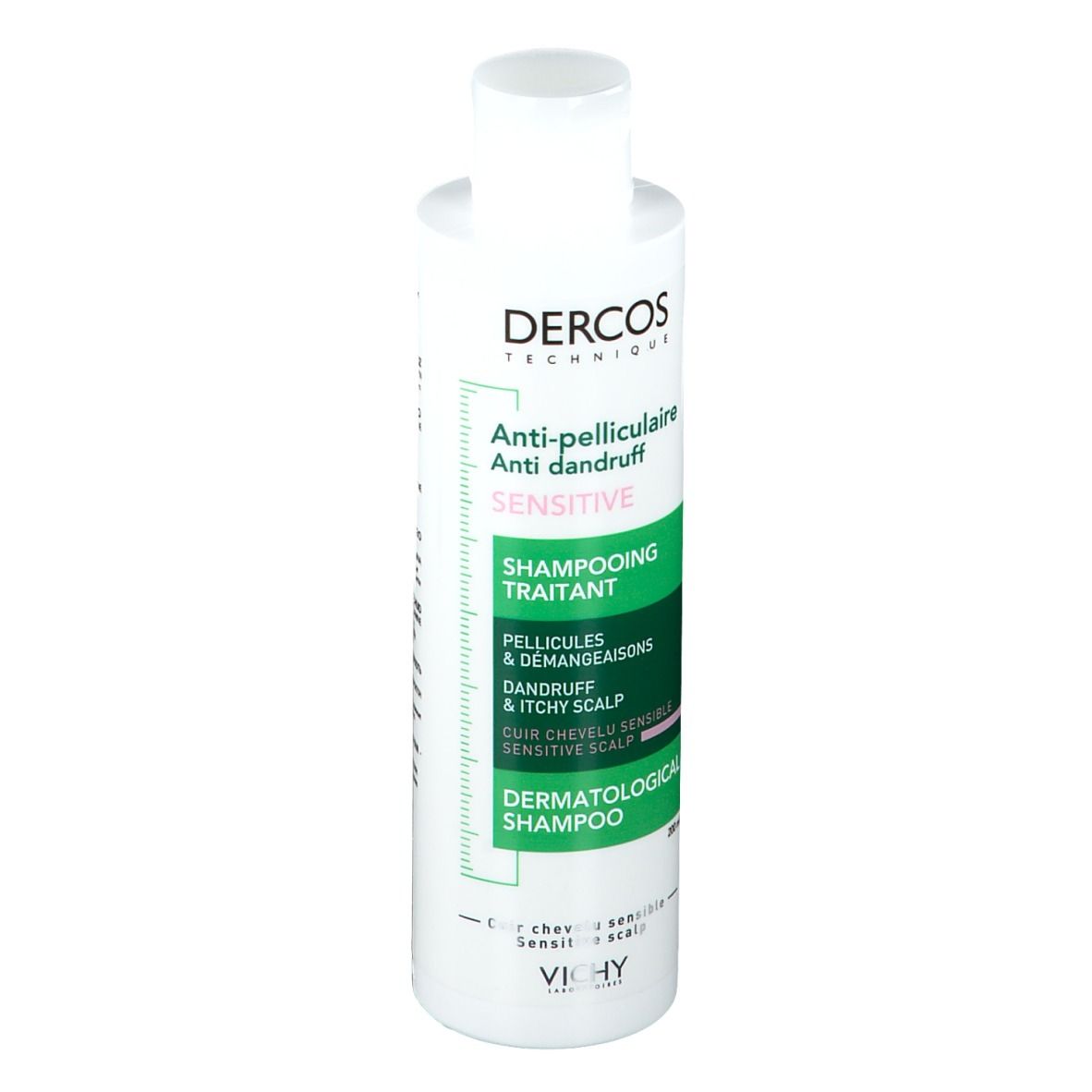 Flacone di shampoo Vichy Dercos Anti-forfora Sensitive. Etichetta verde e bianca. Scritta: Anti-forfora, Sensitive.