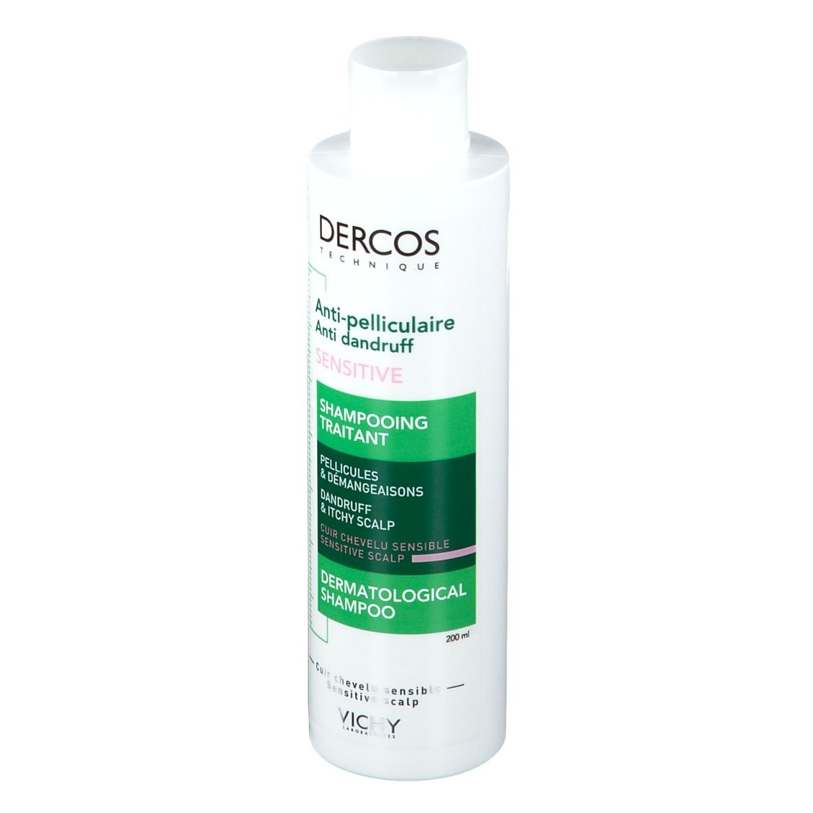 Flacone di shampoo Vichy Dercos Anti-forfora Sensitive. Etichetta verde e bianca. Scritta: Anti-forfora, Sensitive.