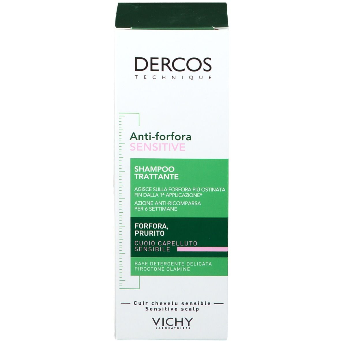 Confezione di shampoo Vichy Dercos Anti-forfora. Scatola con scritta: Anti-forfora Sensitive.