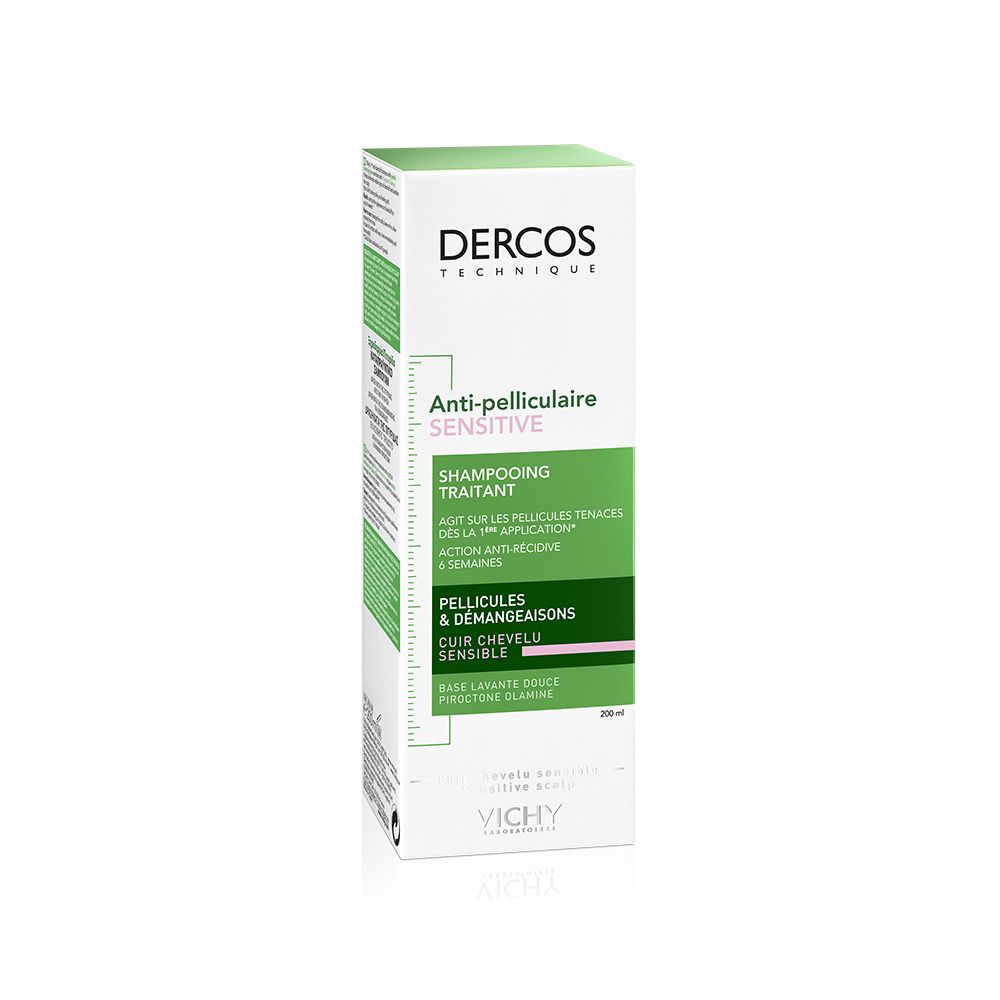 Confezione di shampoo Vichy Dercos Anti-forfora Sensitive. Etichetta verde. Scritta: Anti-forfora, Sensitive.