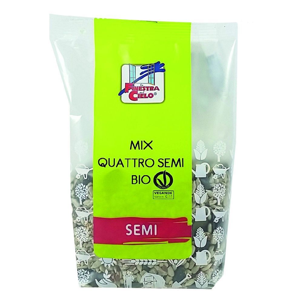 Confezione trasparente con etichetta verde. Scritta: MIX QUATTRO SEMI BIO. Sigillo vegano. Logo: La Finestra sul Cielo.