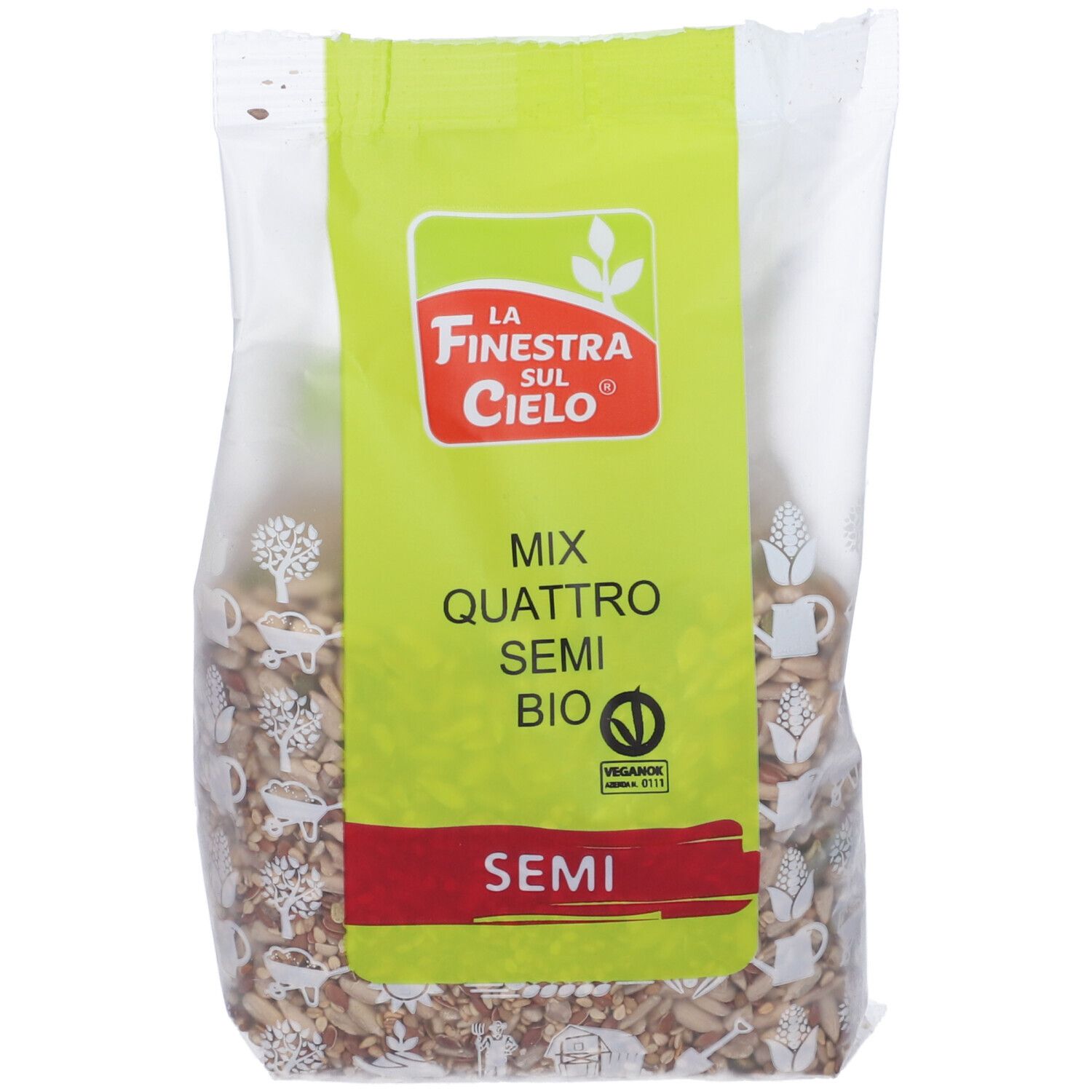 Confezione con etichetta verde. Scritta: MIX QUATTRO SEMI BIO. Sigillo vegano. Logo: La Finestra sul Cielo. Semi visibili.