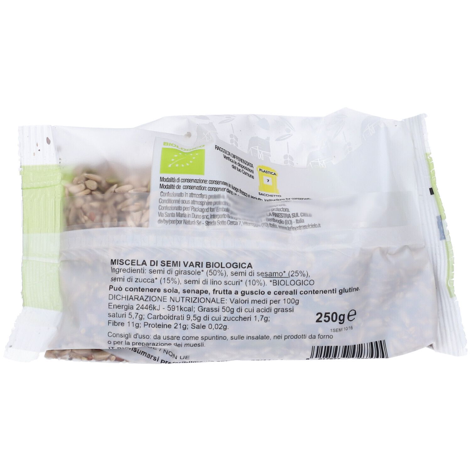 Retro della confezione. Scritta: MISCELA DI SEMI VARI BIOLOGICA. Elenco ingredienti. Informazioni nutrizionali. 250g. Sigillo vegano.