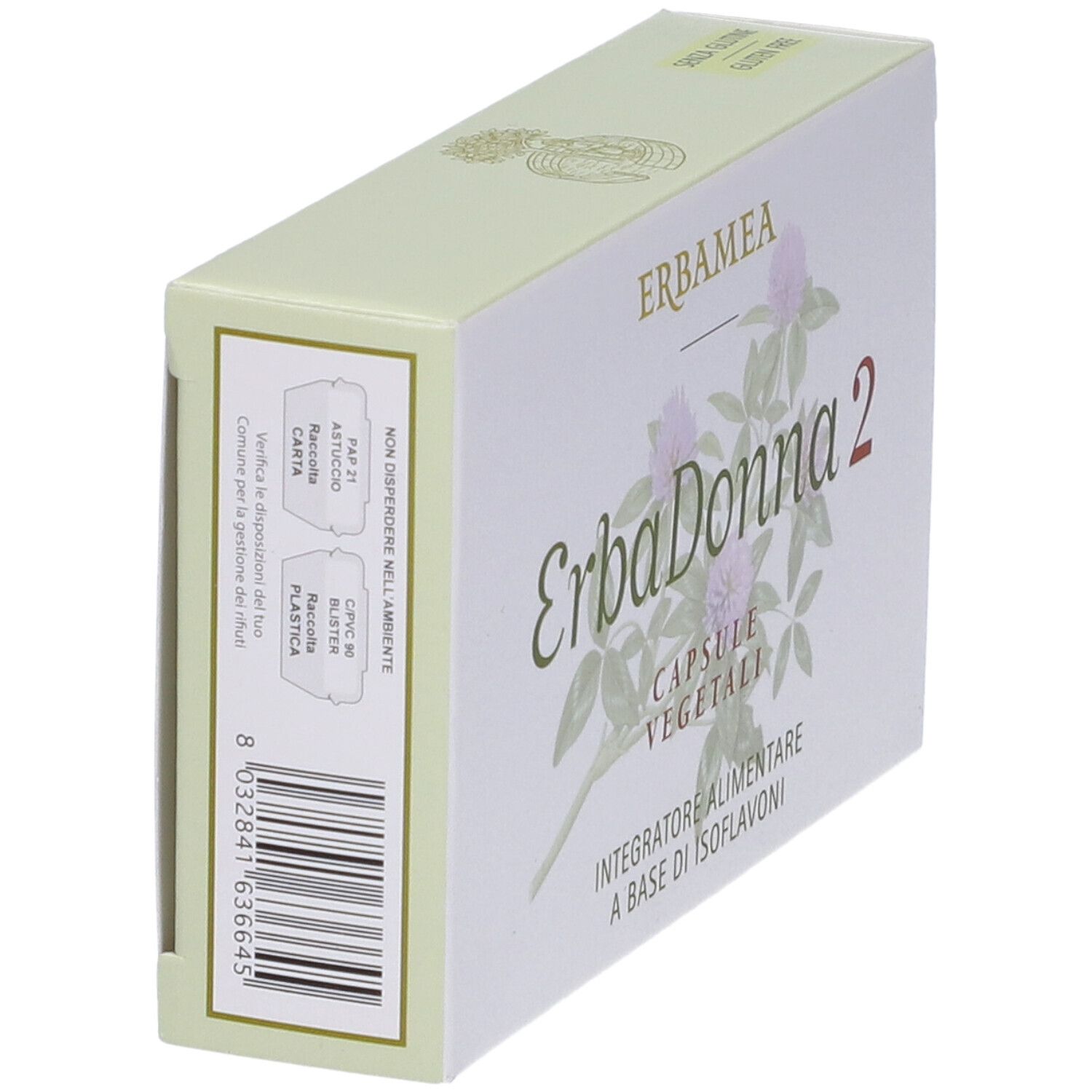 Seitenansicht der Erbamea Erbadonna 2 Schachtel. Barcode und Text auf der Seite. Grün-weiße Verpackung.