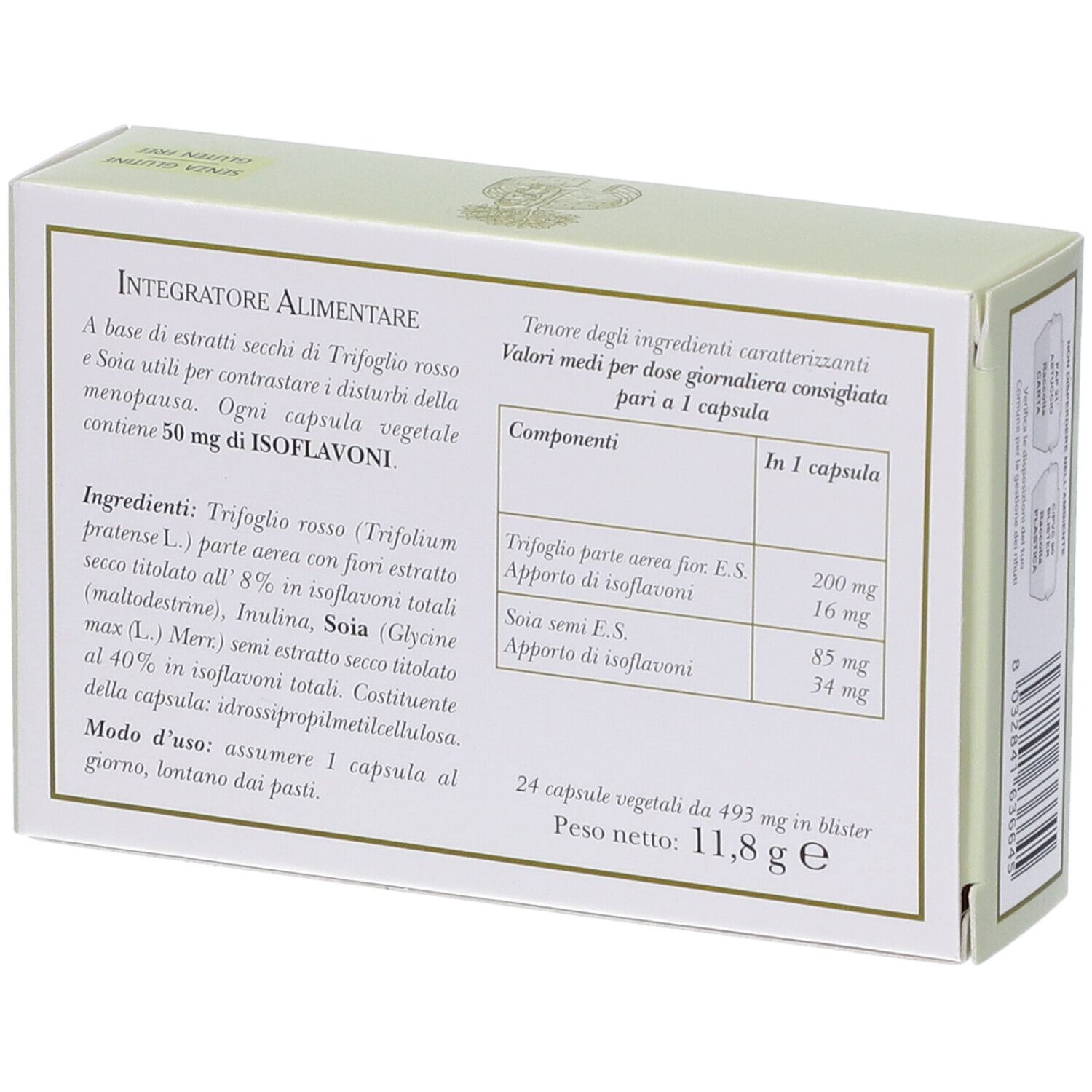Rückseite der Erbamea Erbadonna 2 Schachtel. Text über Inhaltsstoffe und Nährwerte. Grün-weiße Verpackung.
