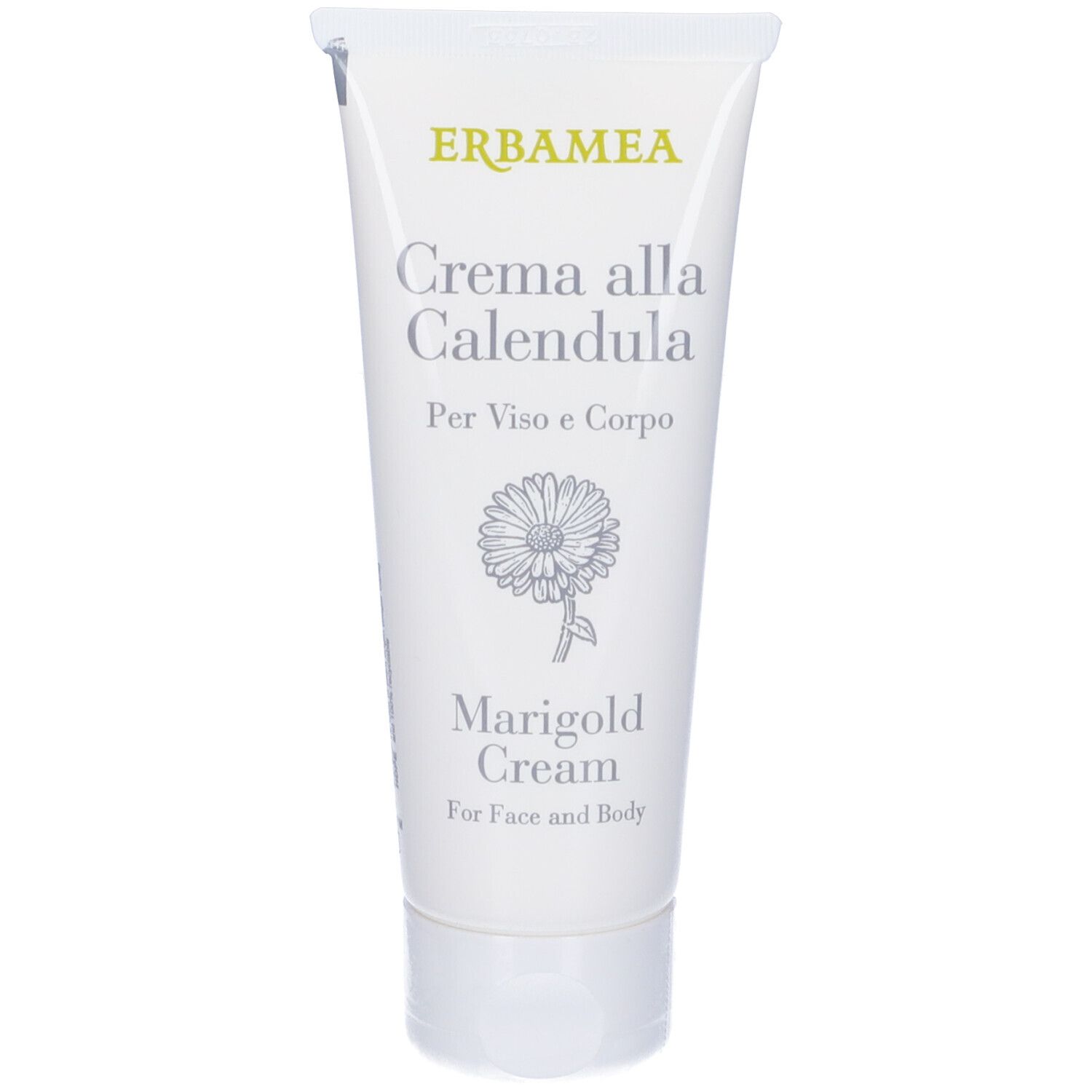 Tubo bianco Erbamea. Scritta "Crema alla Calendula" e illustrazione di calendula. Per viso e corpo.