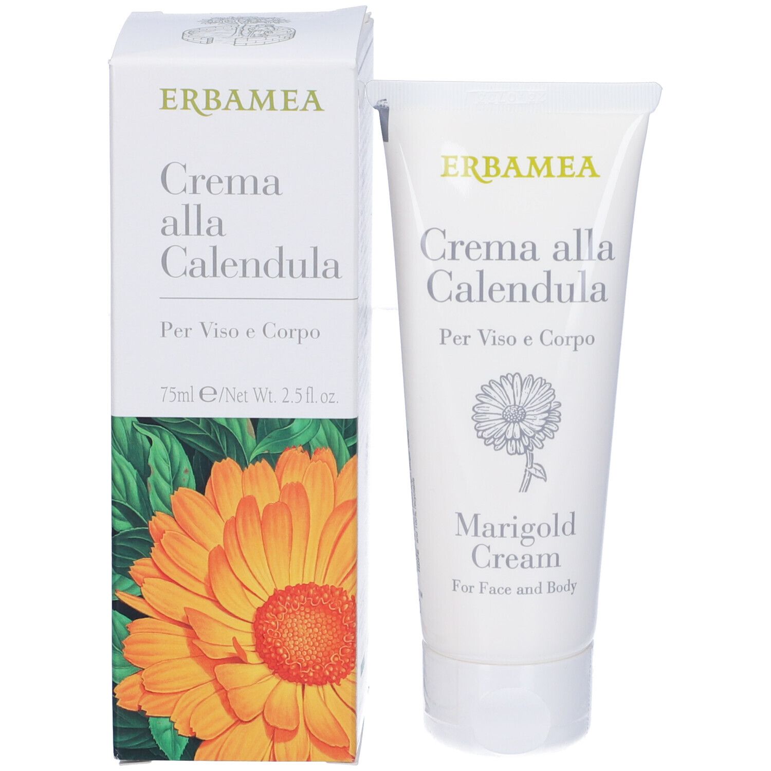 Confezione del prodotto con tubo e scatola. Scatola con illustrazione di calendula e nome del prodotto. Tubo accanto.