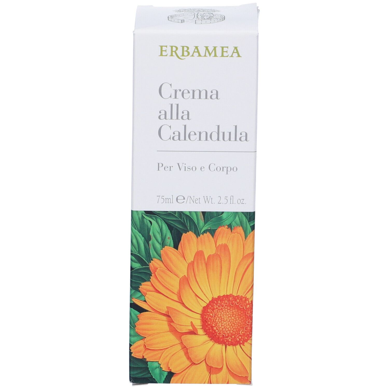 Confezione in cartone con illustrazione di calendula e nome del prodotto. Testo: "Crema alla Calendula".