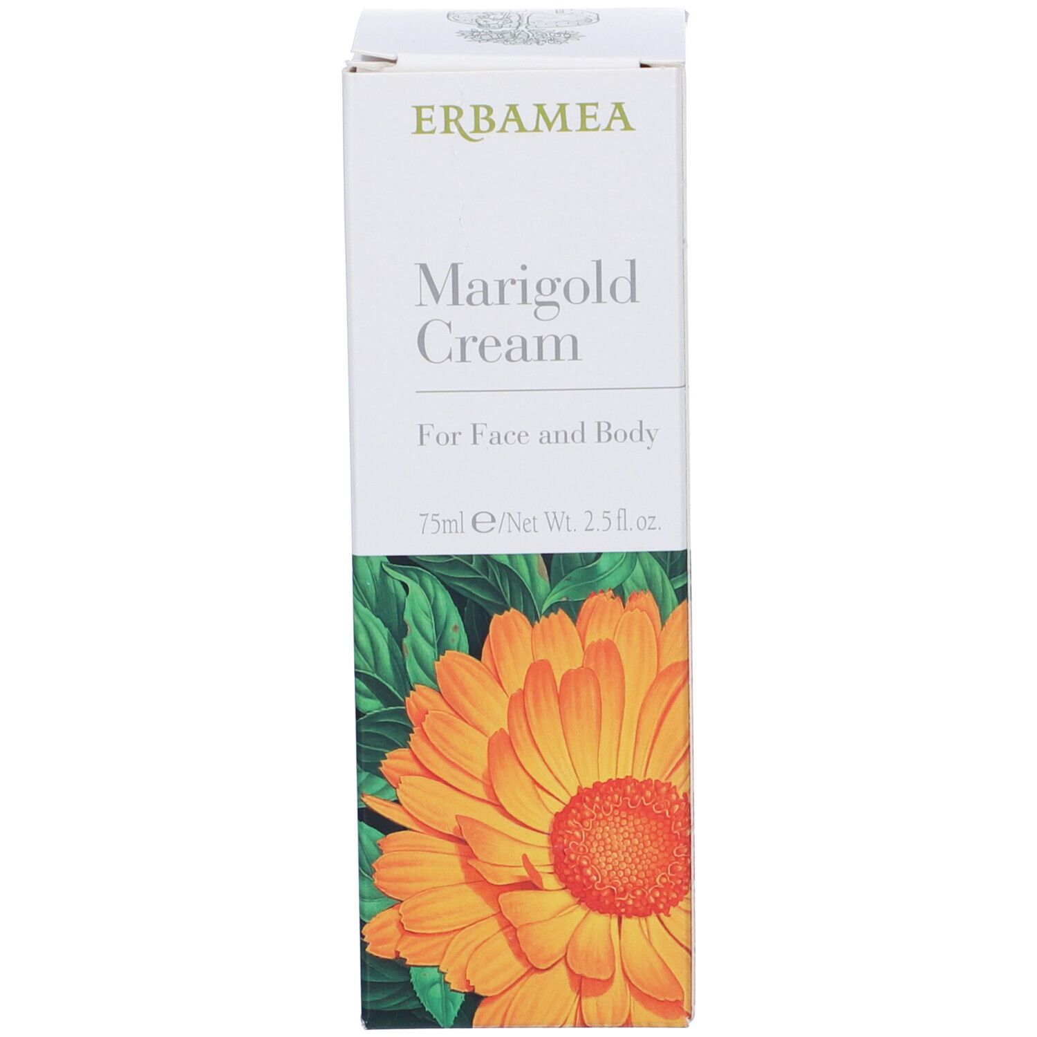 Confezione in cartone con il nome del prodotto "Marigold Cream". Illustrazione di una calendula. Testo: "For Face and Body".