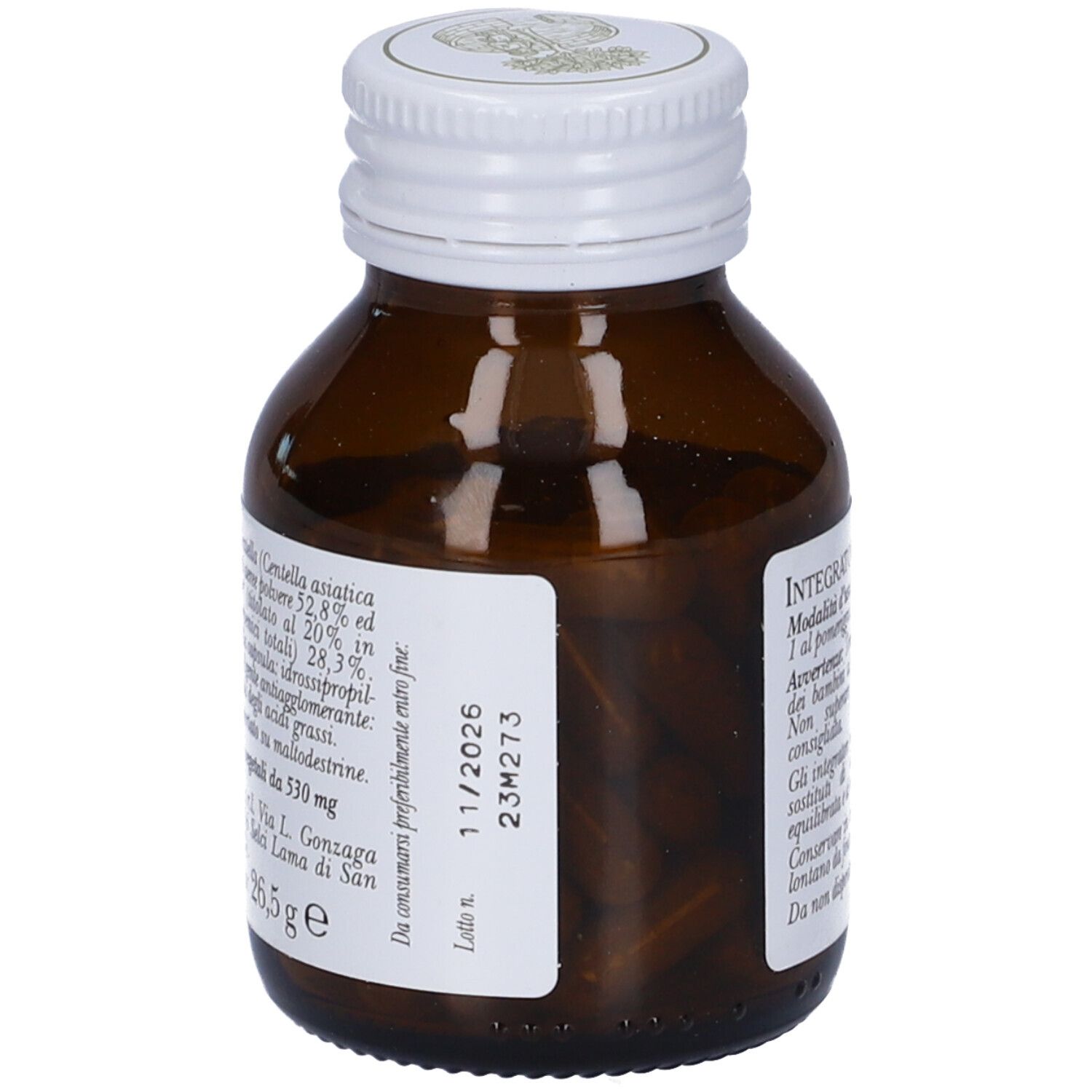 Flacone di vetro marrone con tappo bianco. Etichetta con informazioni e data di scadenza. Capsule visibili.