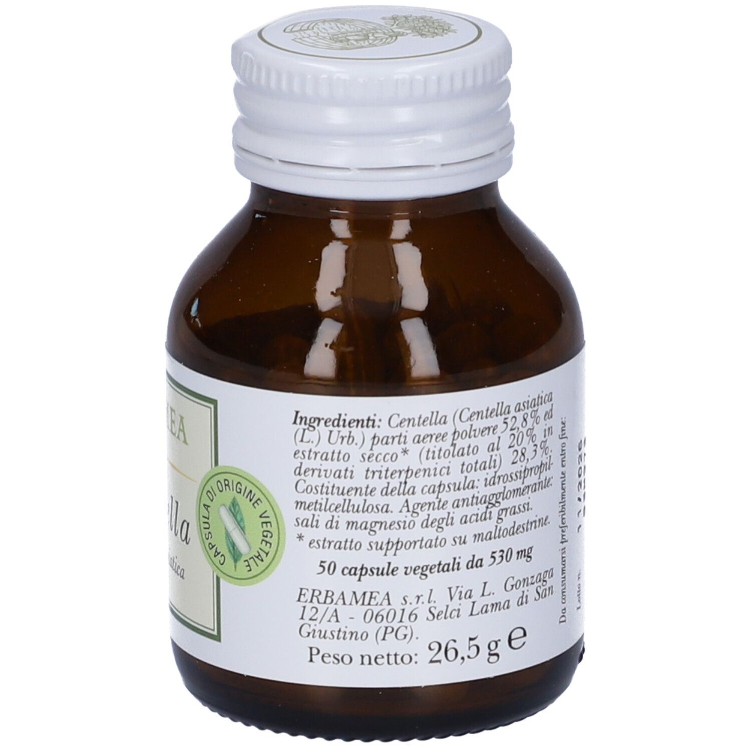 Flacone di vetro marrone con tappo bianco. Etichetta con ingredienti e informazioni produttore. 50 capsule.