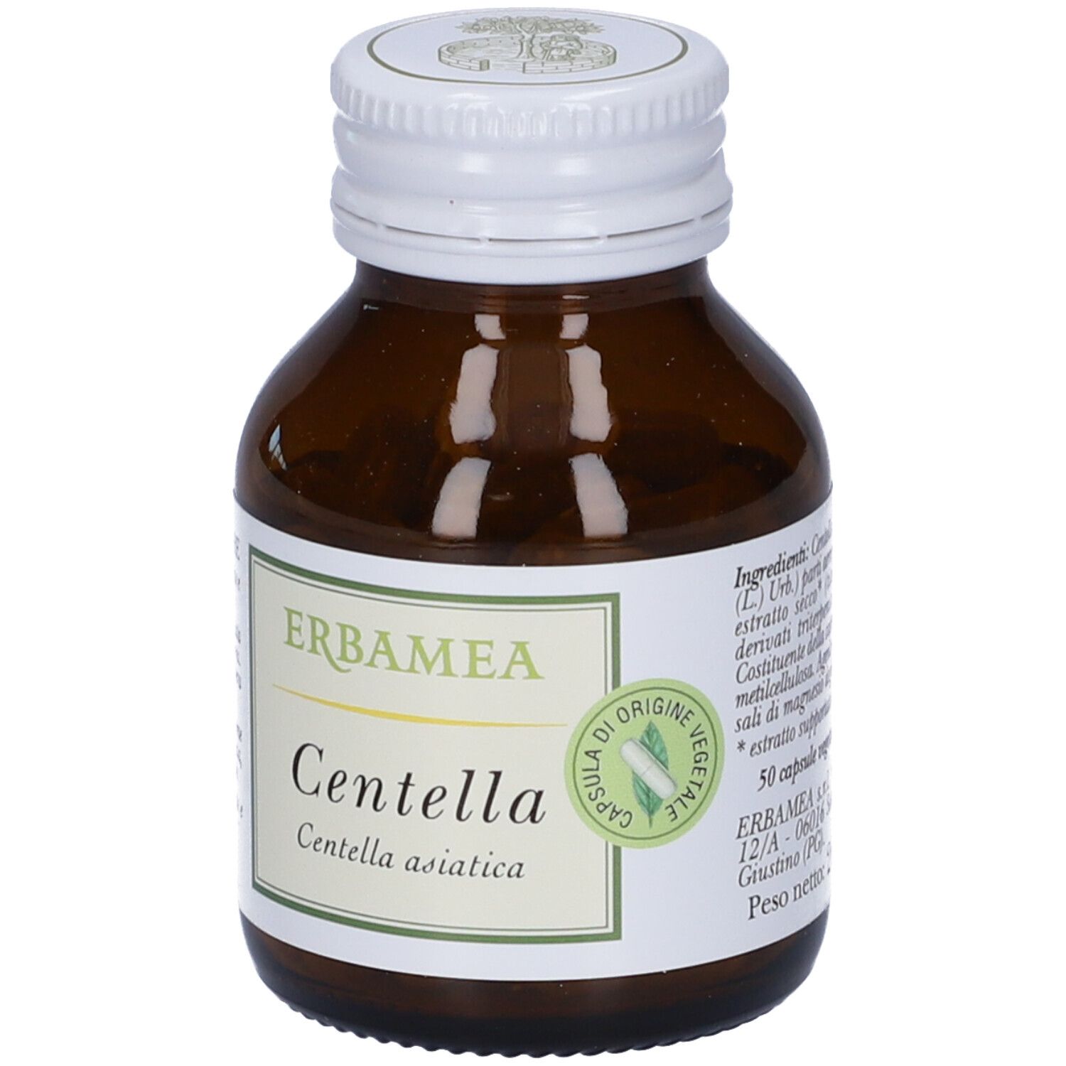 Flacone di vetro marrone con tappo bianco. Etichetta con nome del prodotto e logo. 50 capsule.