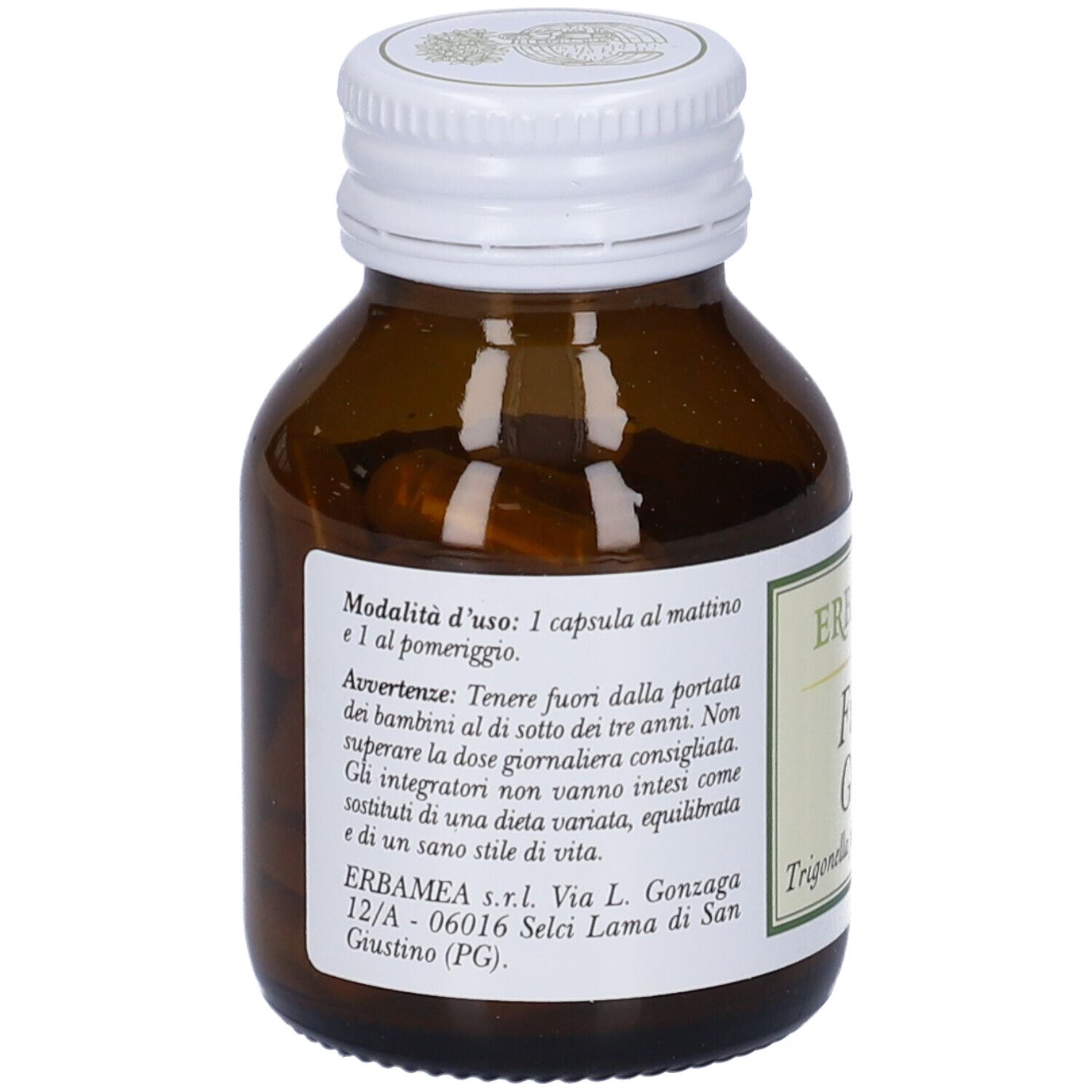Flacone in vetro marrone con tappo a vite bianco, etichetta "Fieno Greco" e "Trigonella foenum-graecum".