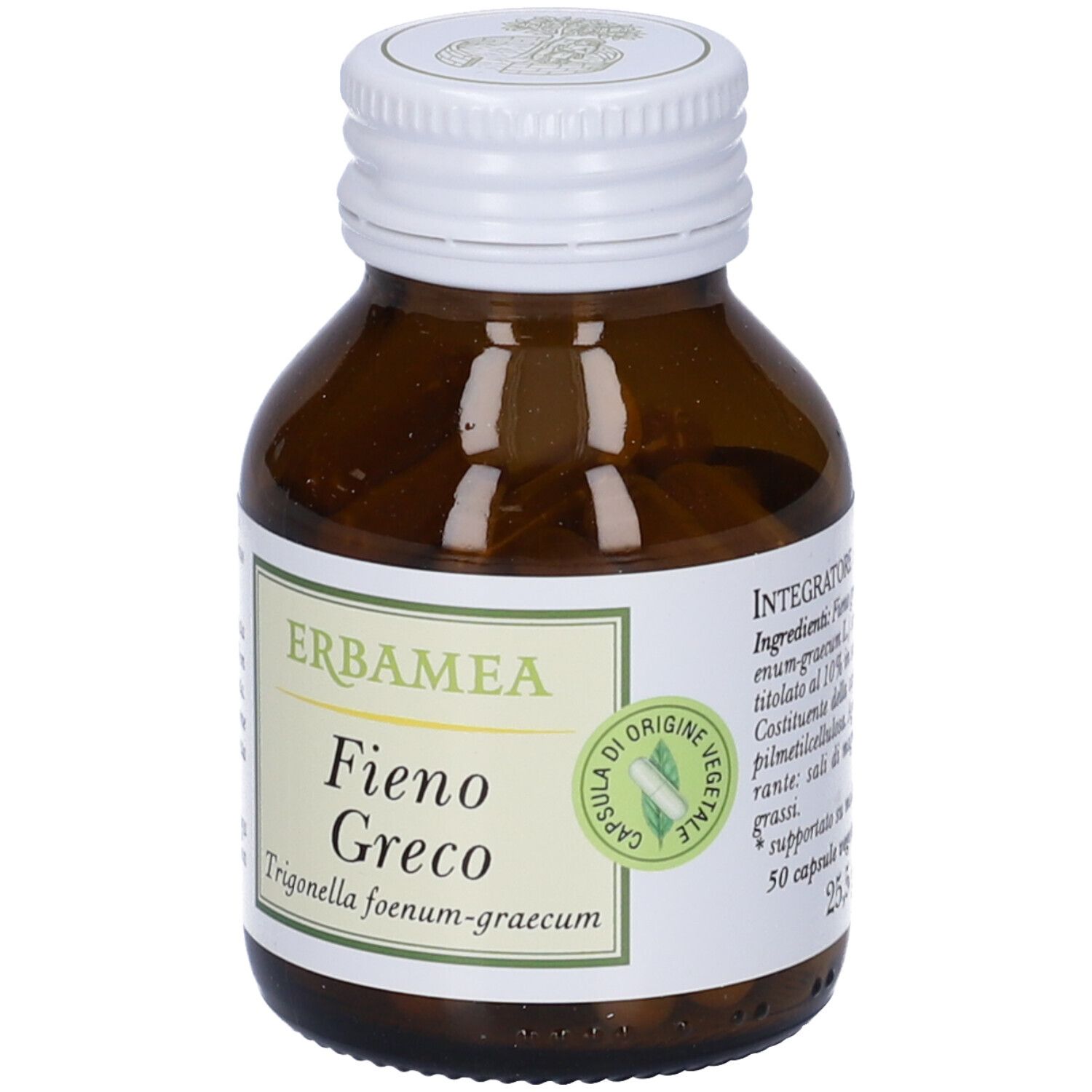 Flacone in vetro marrone con tappo a vite bianco, etichetta "Fieno Greco" e "Trigonella foenum-graecum".