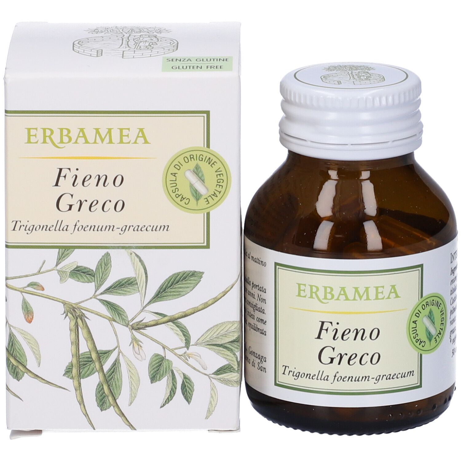 Erbamea Fieno Greco capsule in flacone di vetro ambrato e scatola.