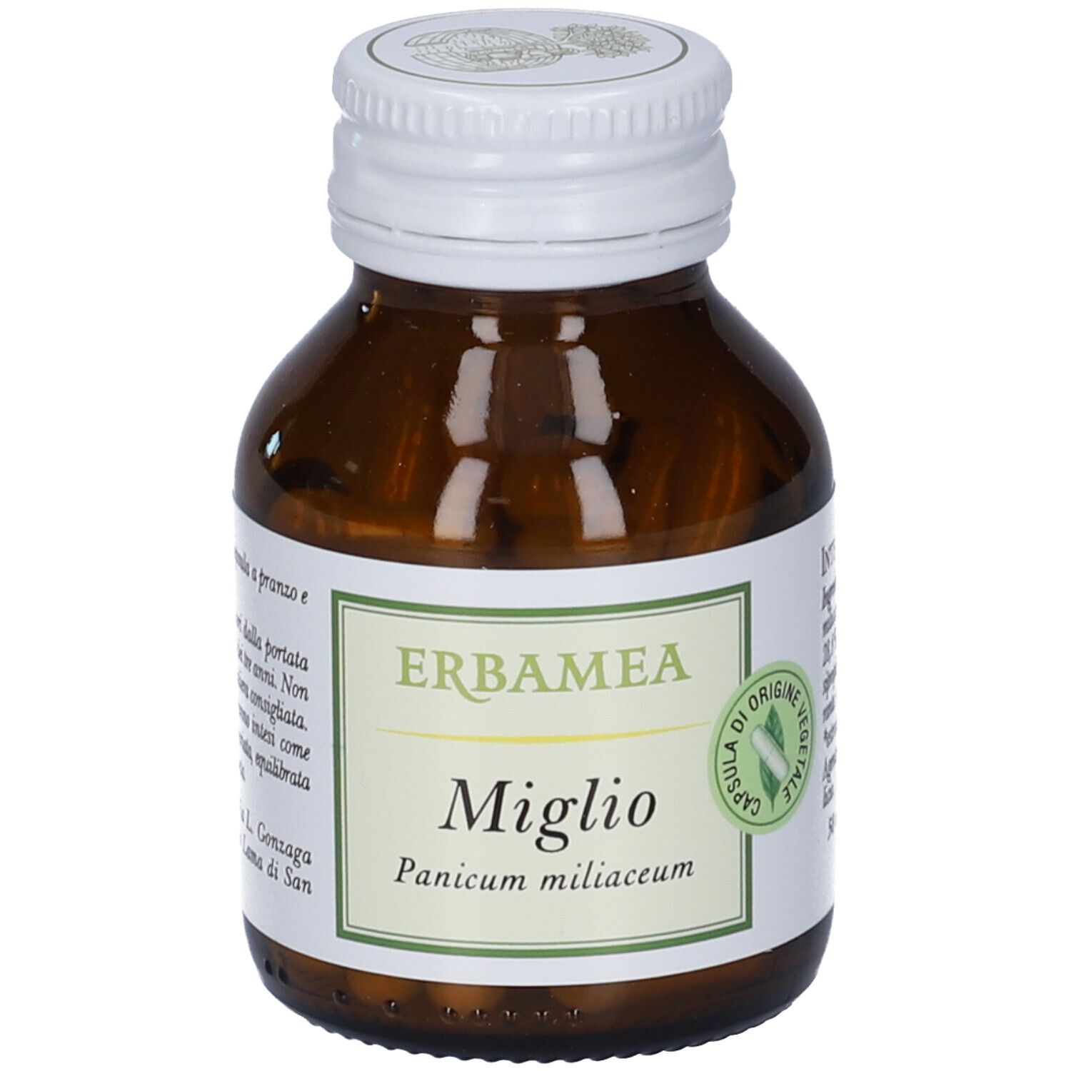 Flacone in vetro marrone con tappo bianco. Etichetta Erbamea, Miglio, Panicum miliaceum. Simbolo capsula.