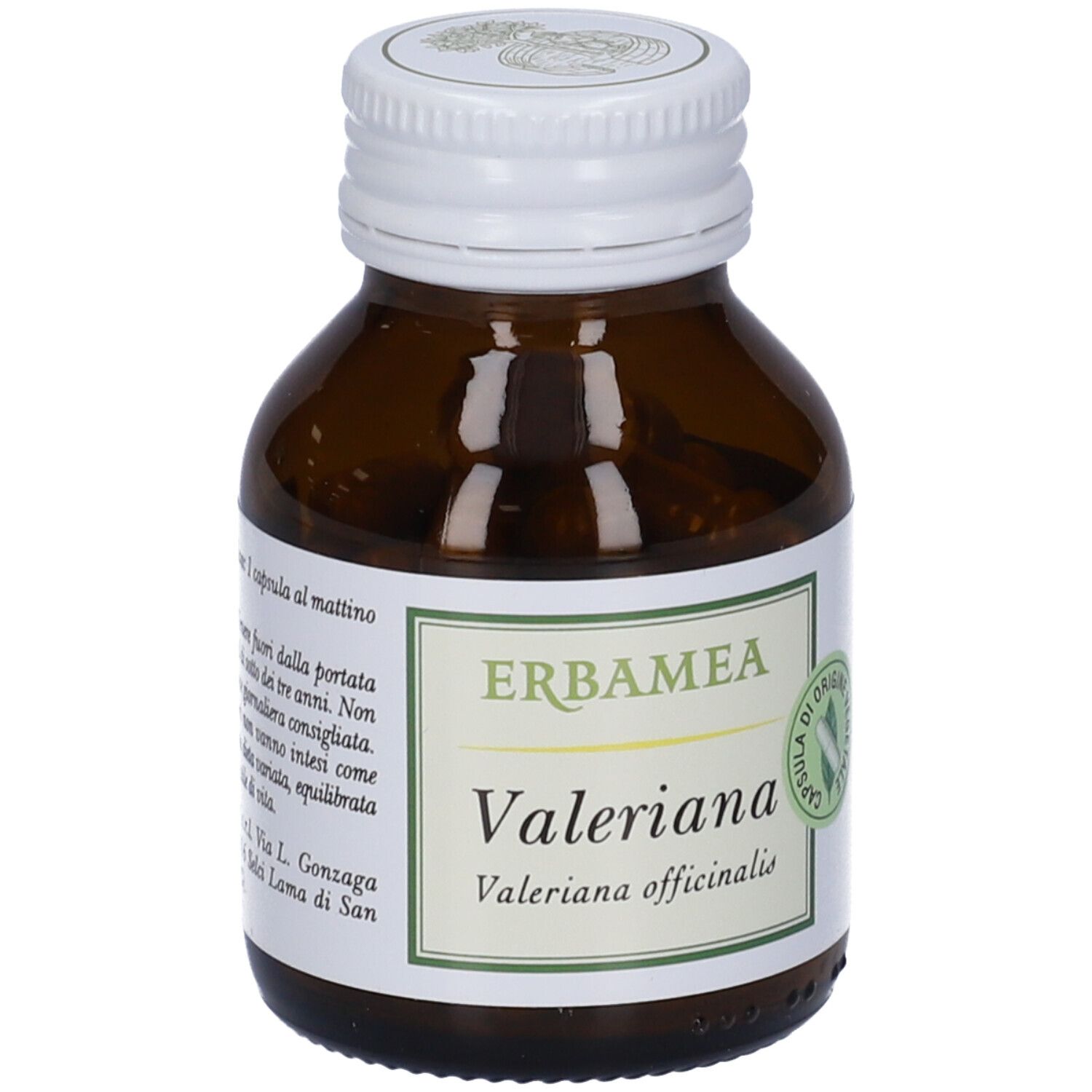 Braune Glasflasche mit weißem Deckel. Etikett mit "Erbamea Valeriana". Kapseln aus Pflanzenfasern.