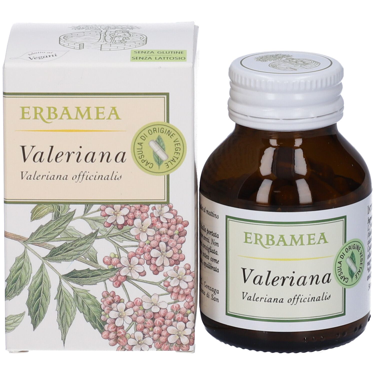 Produktverpackung und Flasche. Verpackung mit "Erbamea Valeriana". Flasche mit Kapseln.