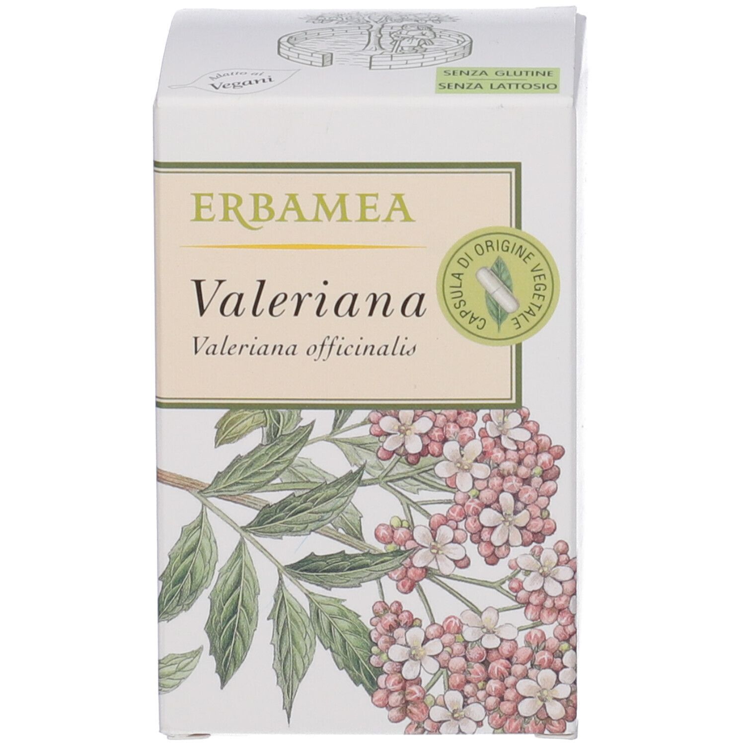 Produktverpackung. "Erbamea Valeriana" mit Illustration. Glutenfrei, laktosefrei.