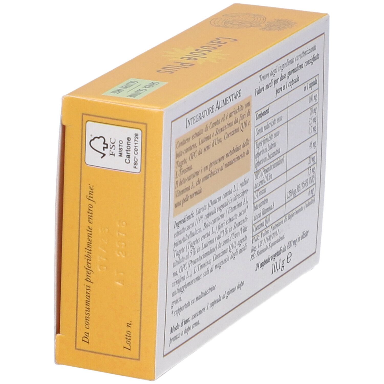 Scatola, in diagonale. Erbamea Carosole Plus, capsule vegetali. Retro con testo, logo FSC e data di scadenza.