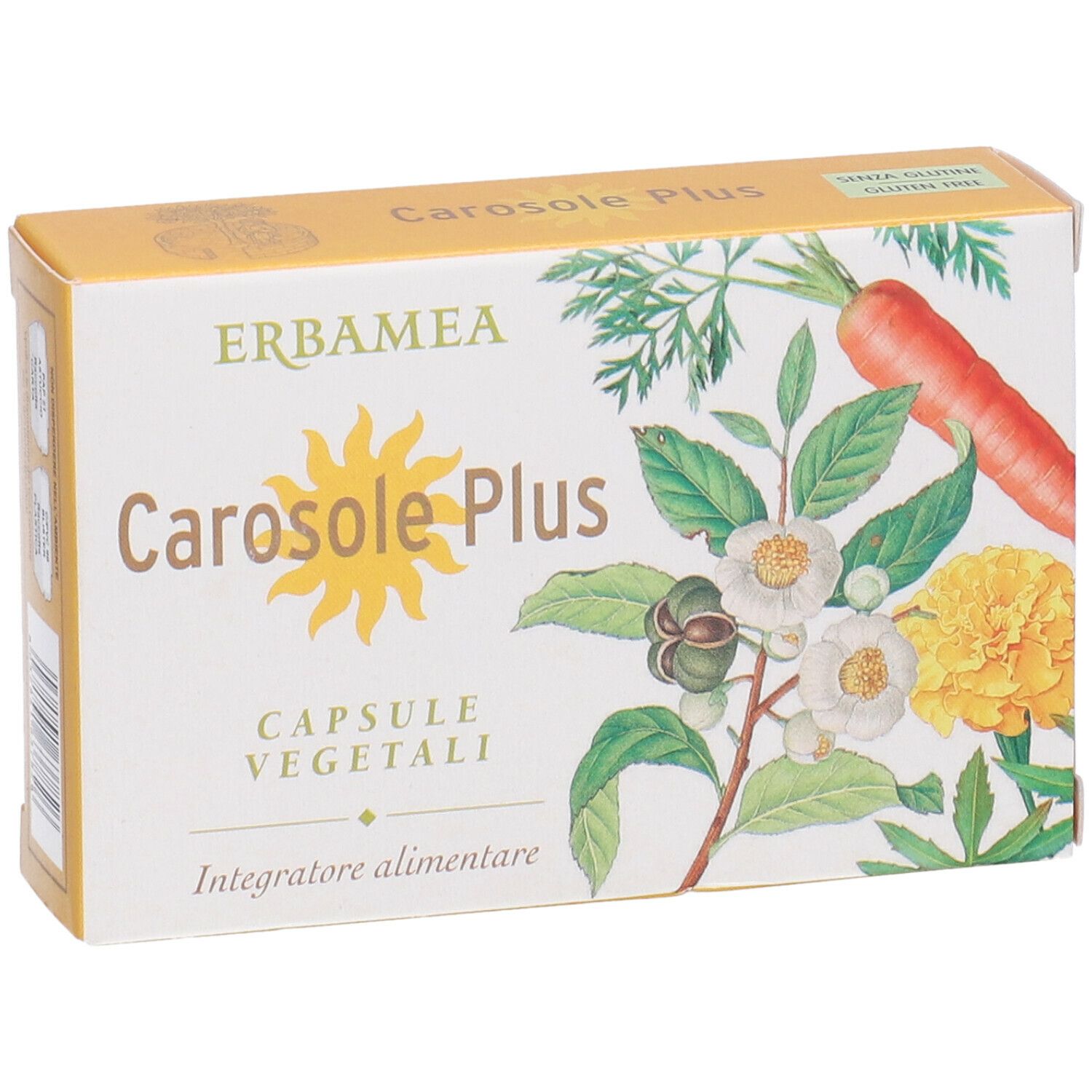 Scatola con stampa. Erbamea Carosole Plus, capsule vegetali. Illustrazioni di carote, fiori e foglie. Senza glutine.