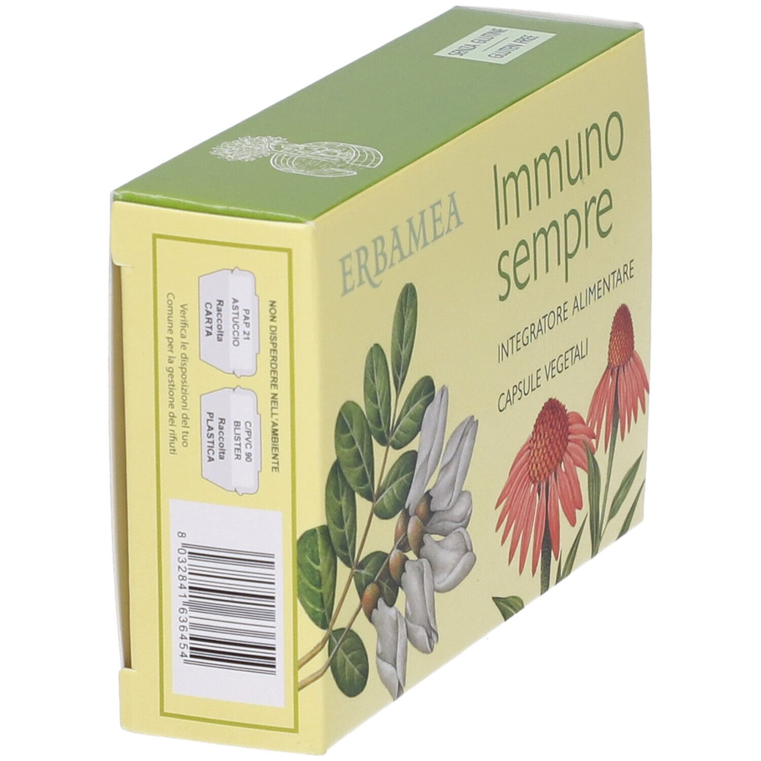 Schachtel in schräger Ansicht. Aufdruck: Erbamea, Immunosempre, Capsule Vegetali. Illustrationen von Pflanzen und Blüten.