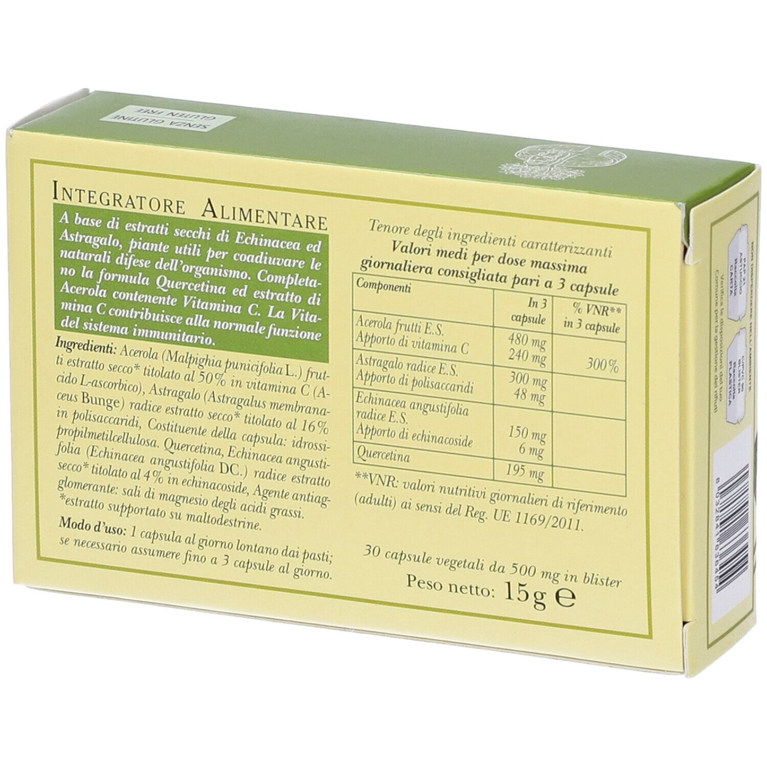 Rückseite der Schachtel mit Text. Enthält Informationen zu Inhaltsstoffen und Nährwerten. Text: Integratore Alimentare, 30 capsule.