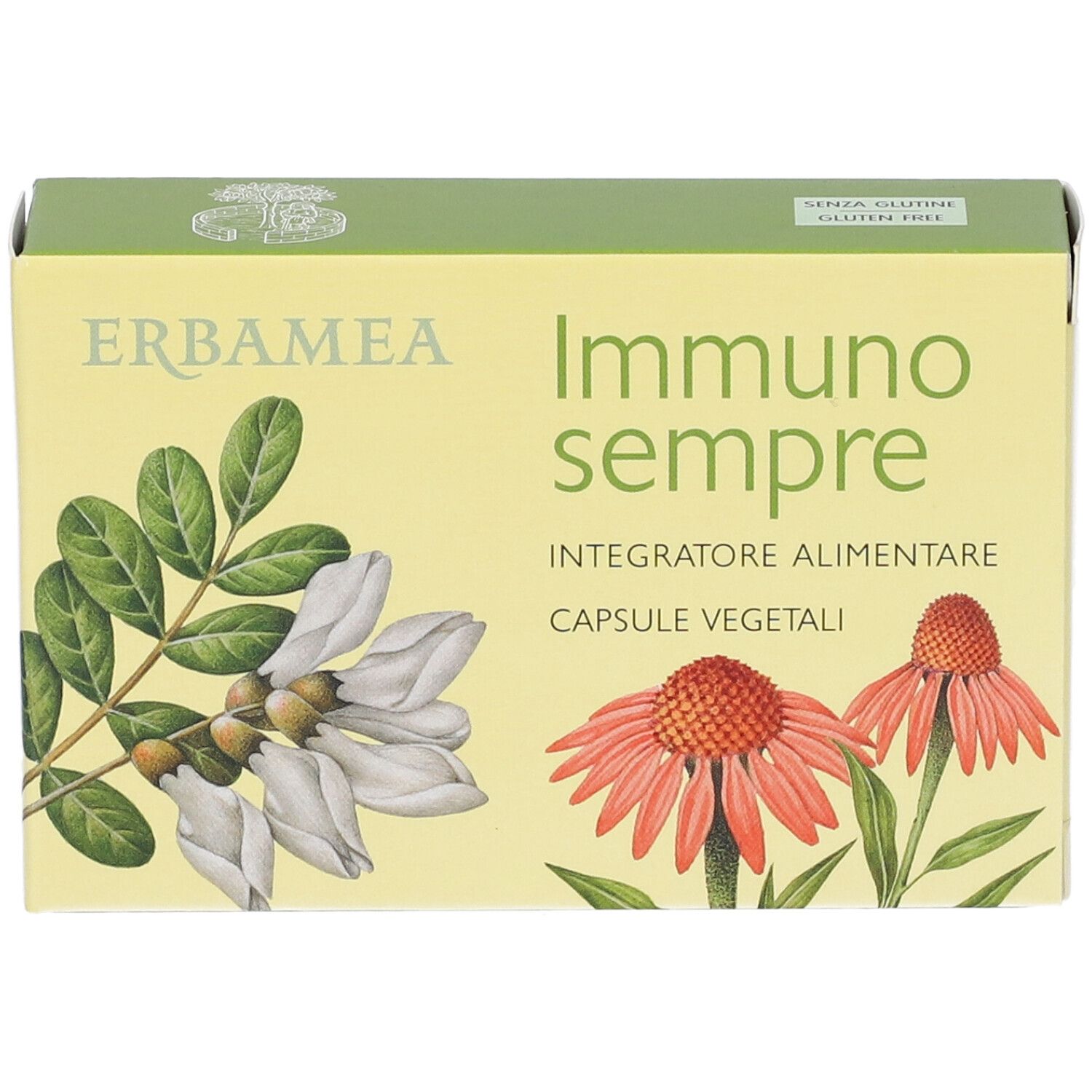 Gelbe Schachtel mit Produktnamen und Illustrationen von Pflanzen und Blüten. Text: Erbamea, Immunosempre, Capsule Vegetali.