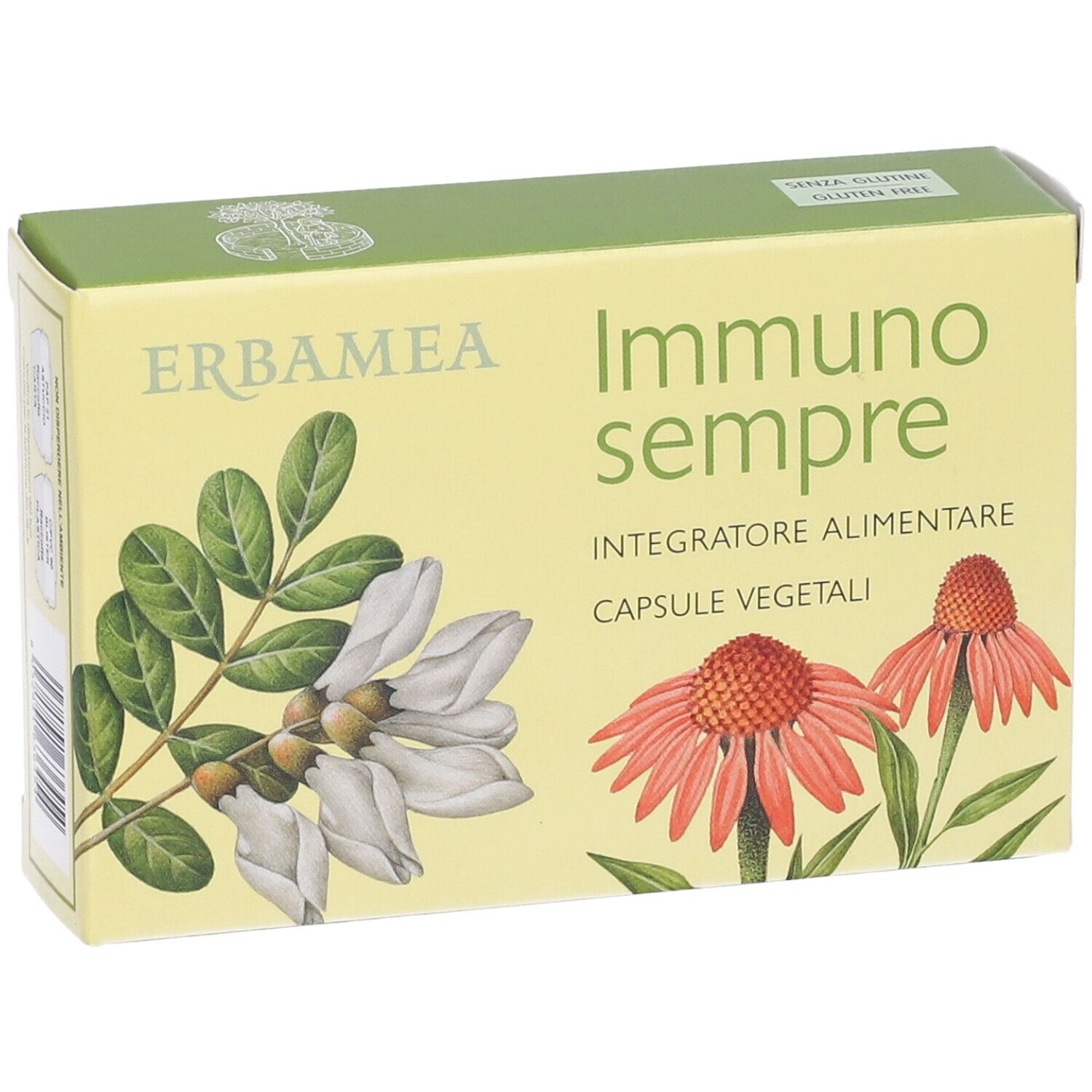 Gelbe Schachtel mit Produktnamen und Illustrationen von Pflanzen und Blüten. Text: Erbamea, Immunosempre, Capsule Vegetali.