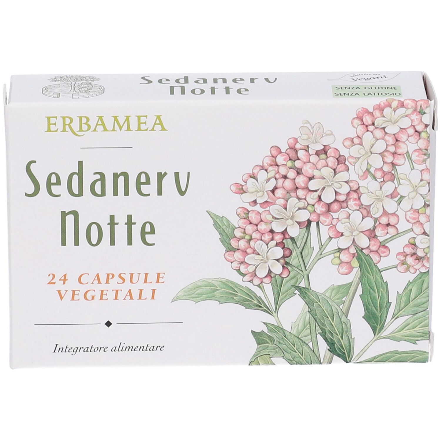 Erbamea Sedanerv Notte: Packung mit 24 pflanzlichen Kapseln, mit Blütenmotiv.
