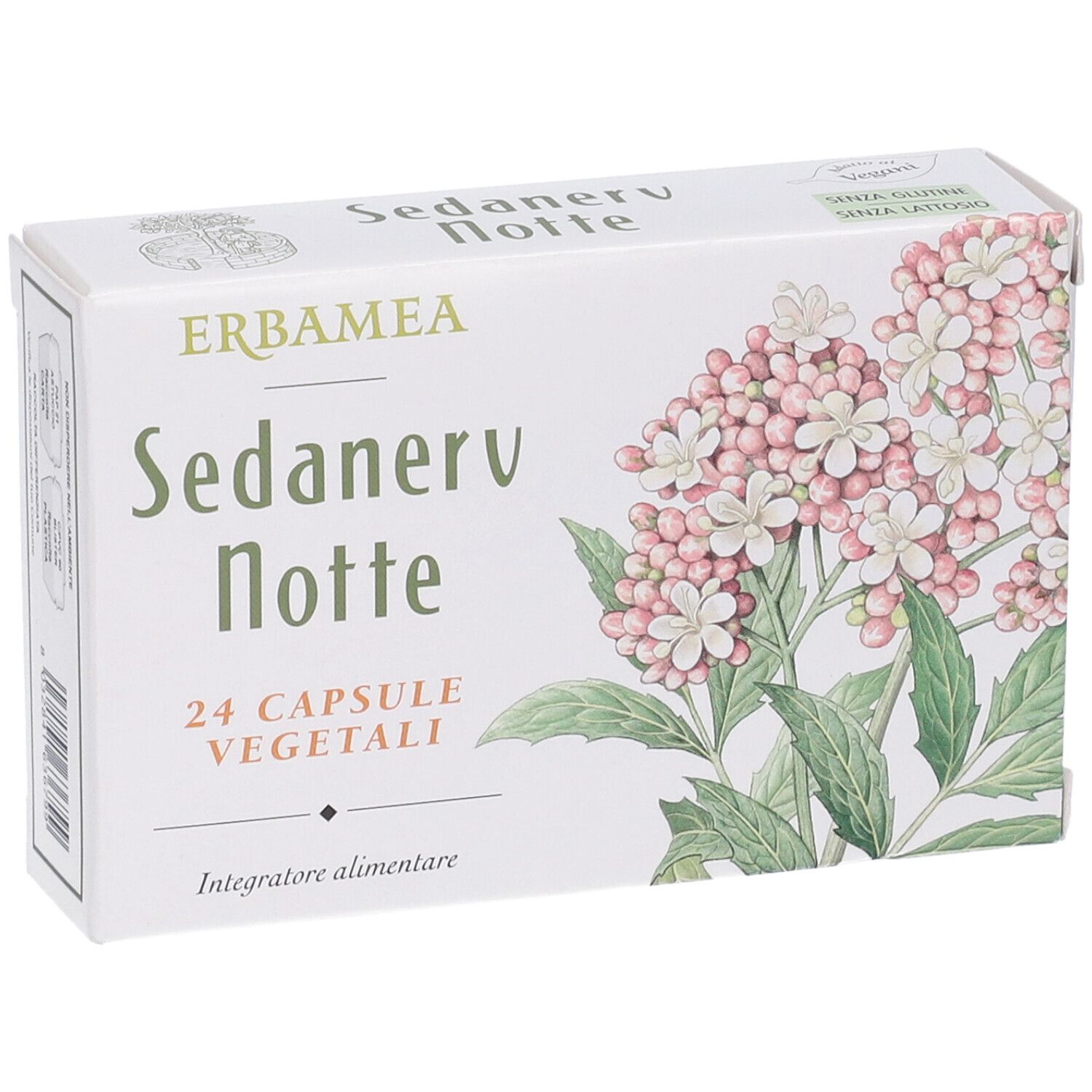 Erbamea Sedanerv Notte: Packung mit 24 pflanzlichen Kapseln, mit Blütenmotiv.