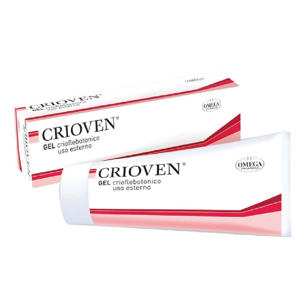 Set di tubo e scatola di gel bianchi. Scritta: CRIOVEN GEL, Omega Pharma. Accenti rossi.